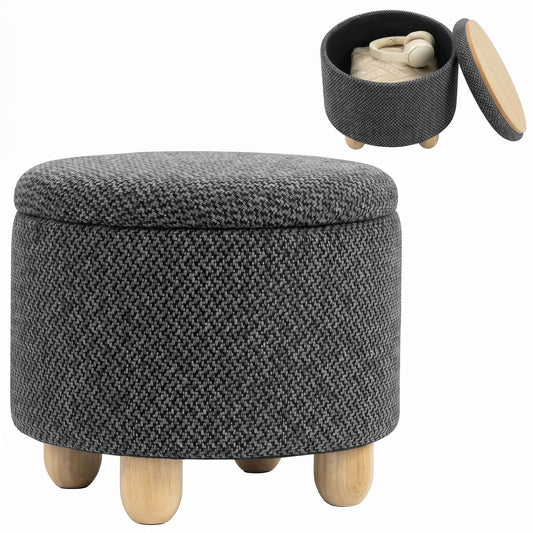 Storage Ottoman, Burlap Fabric Round Small Ottoman Foot Rest with Lid, Rubberwood Legs, End of Bed Bench Footstool for Bedroom, Hallway, Living Room, 38.5 x 38.5 cm, Dark Grey