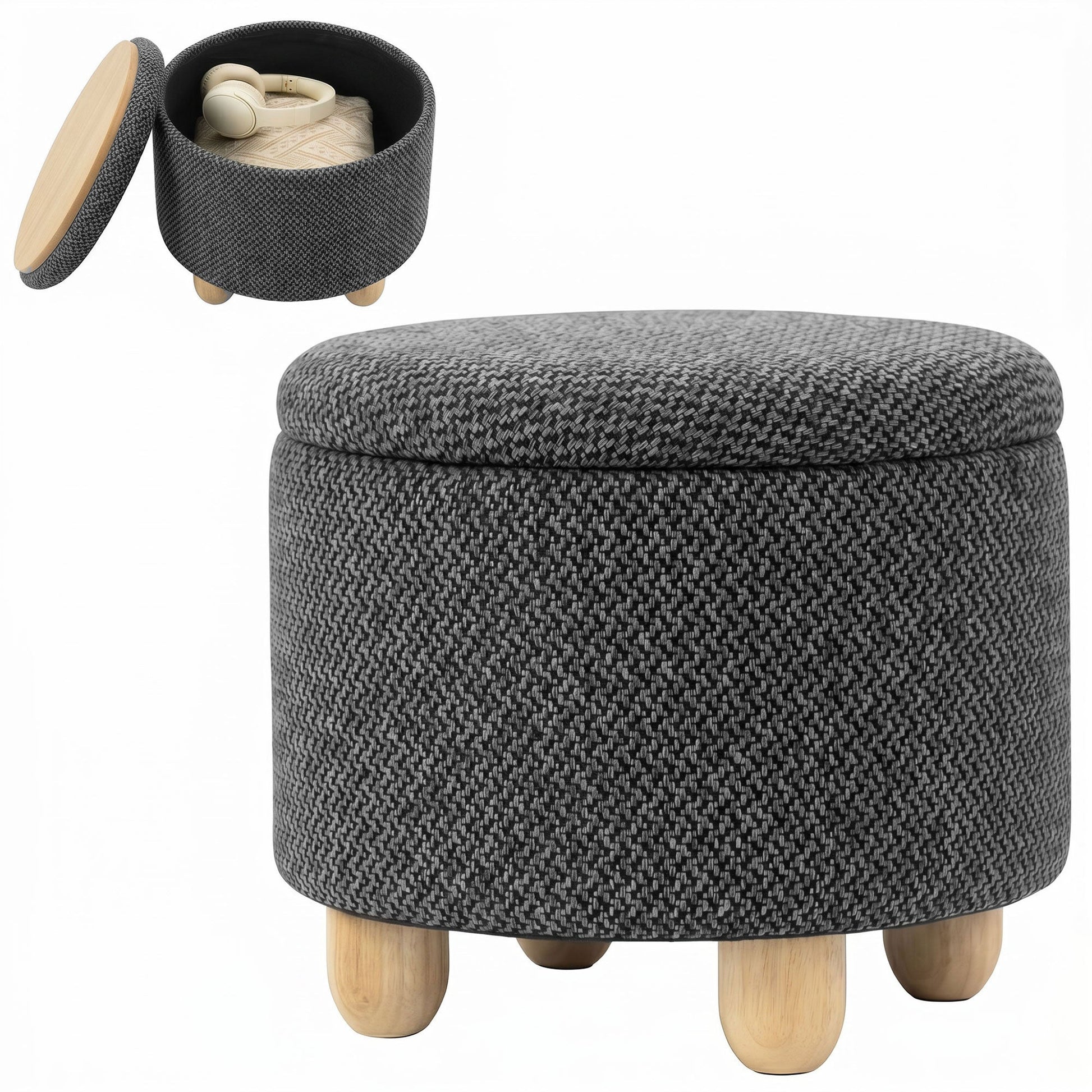 Storage Ottoman, Burlap Fabric Round Small Ottoman Foot Rest with Lid, Rubberwood Legs, End of Bed Bench Footstool for Bedroom, Hallway, Living Room, 38.5 x 38.5 cm, Dark Grey