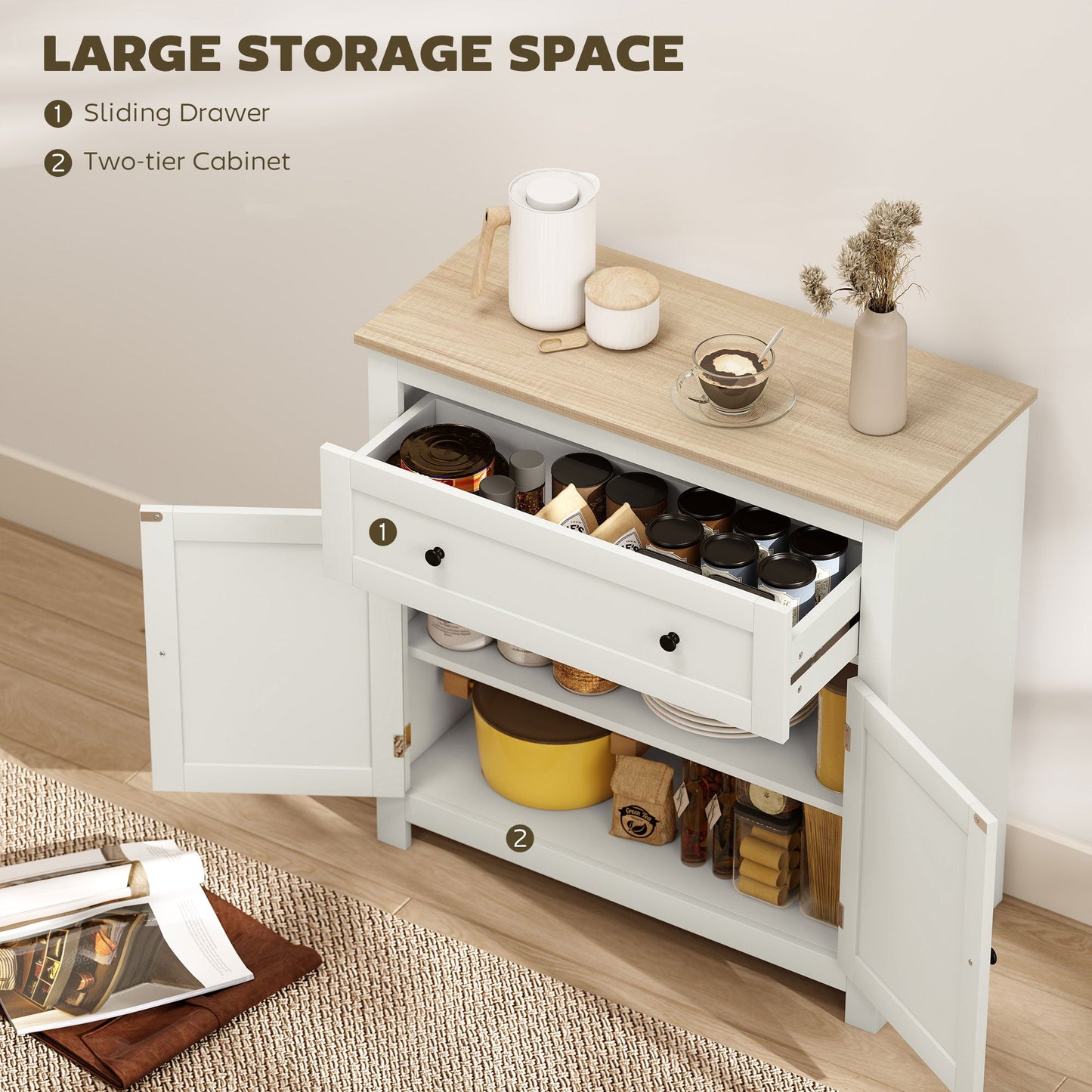 Sideboard Storage Cabinet, Modern Kitchen Cupboard with Adjustable Shelf, Drawer and Double Doors, Sideboard for Living Room, Dining Room, Hallway, Cream White