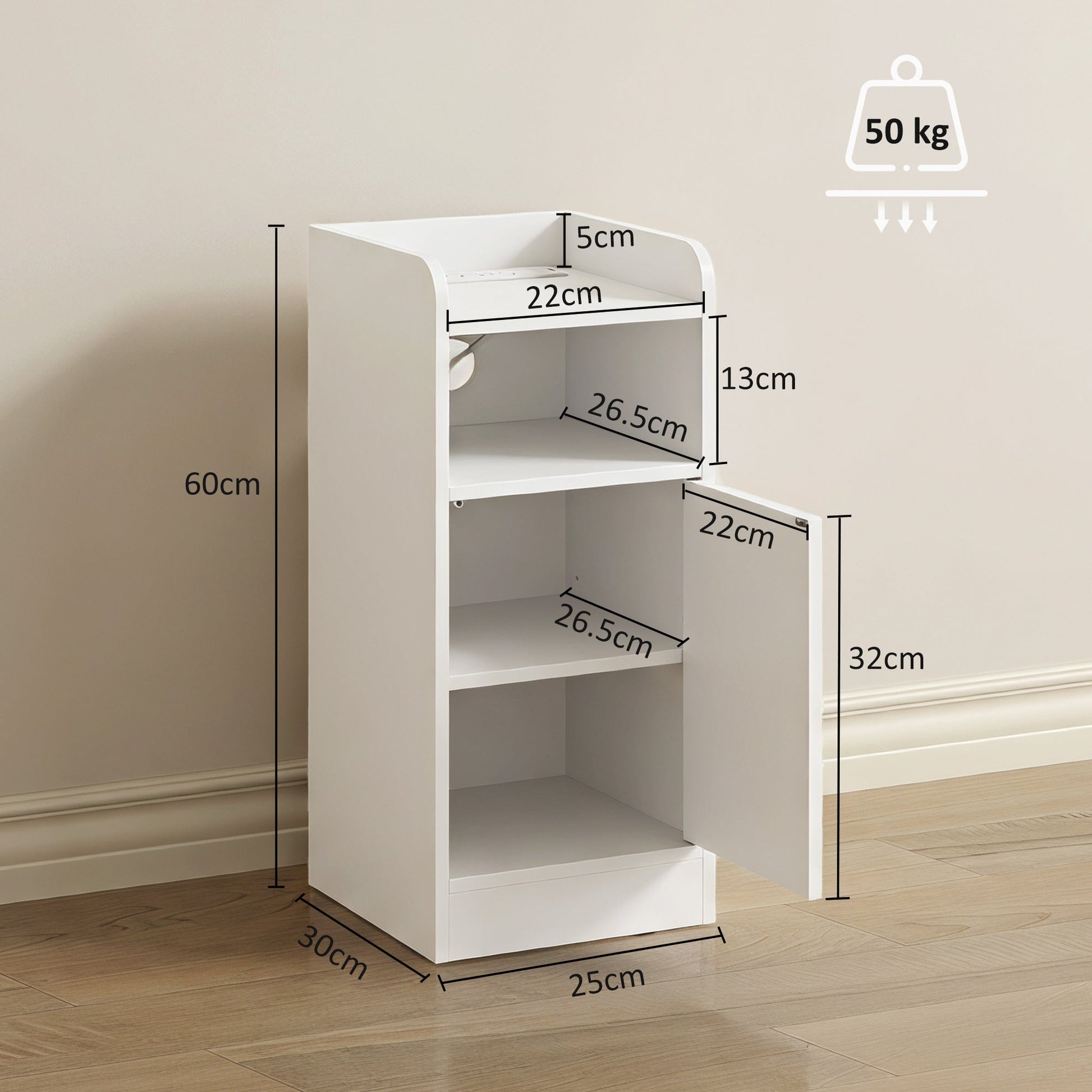 Slim Bedside Table Set of 2 with Charging Station, Narrow Bedside Cabinet with Open Compartment, Adjustable Shelf and Cupboard, Side End Table for Bedroom Living Room Compact Nooks, White