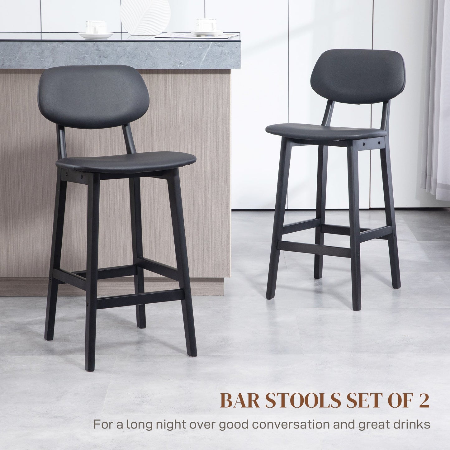 HOMCOM Bar Stools Set of 2, Contemporary Breakfast Bar Chairs, Faux Leather Upholstered Kitchen Stools with Backs and Solid Wood Legs, Black