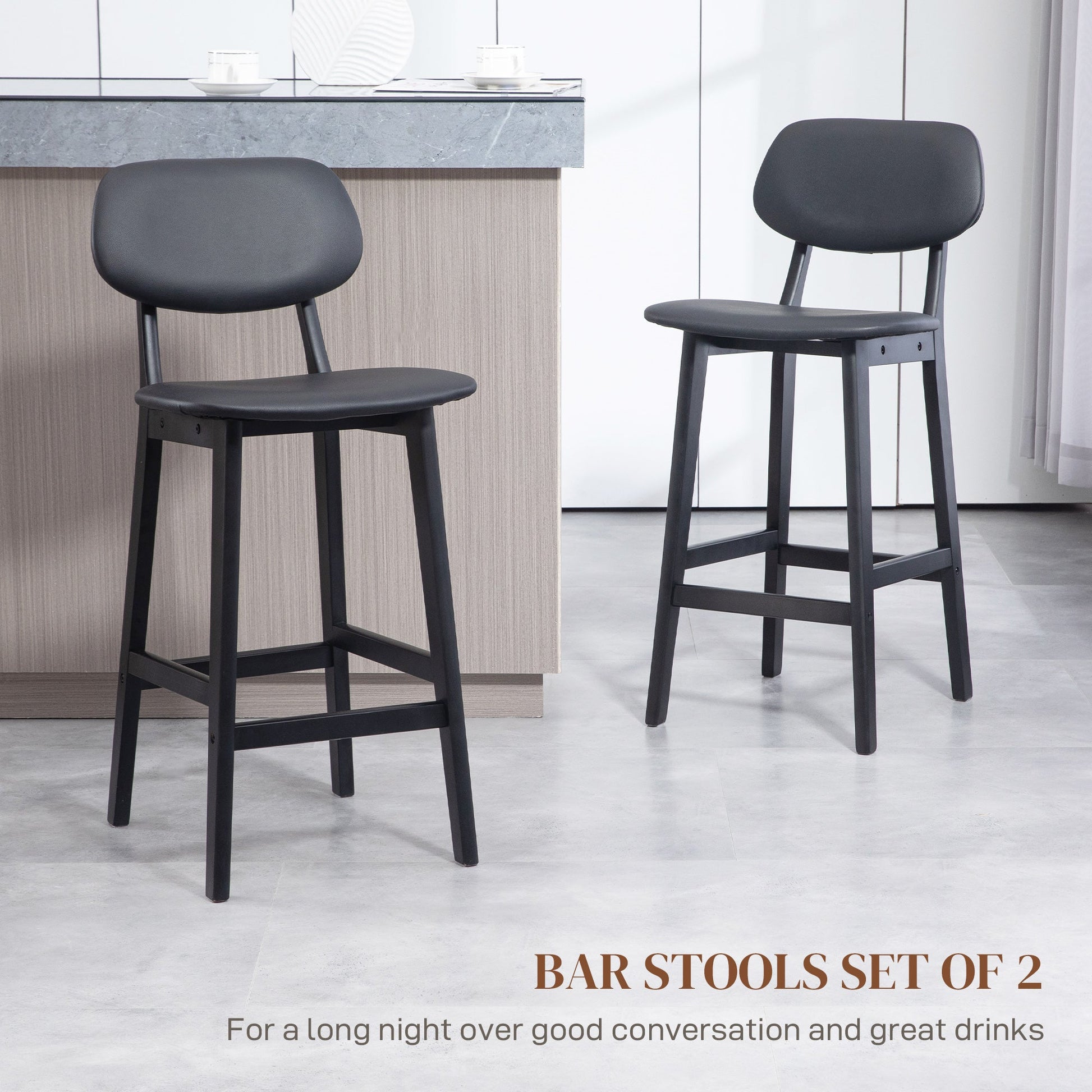 HOMCOM Bar Stools Set of 2, Contemporary Breakfast Bar Chairs, Faux Leather Upholstered Kitchen Stools with Backs and Solid Wood Legs, Black