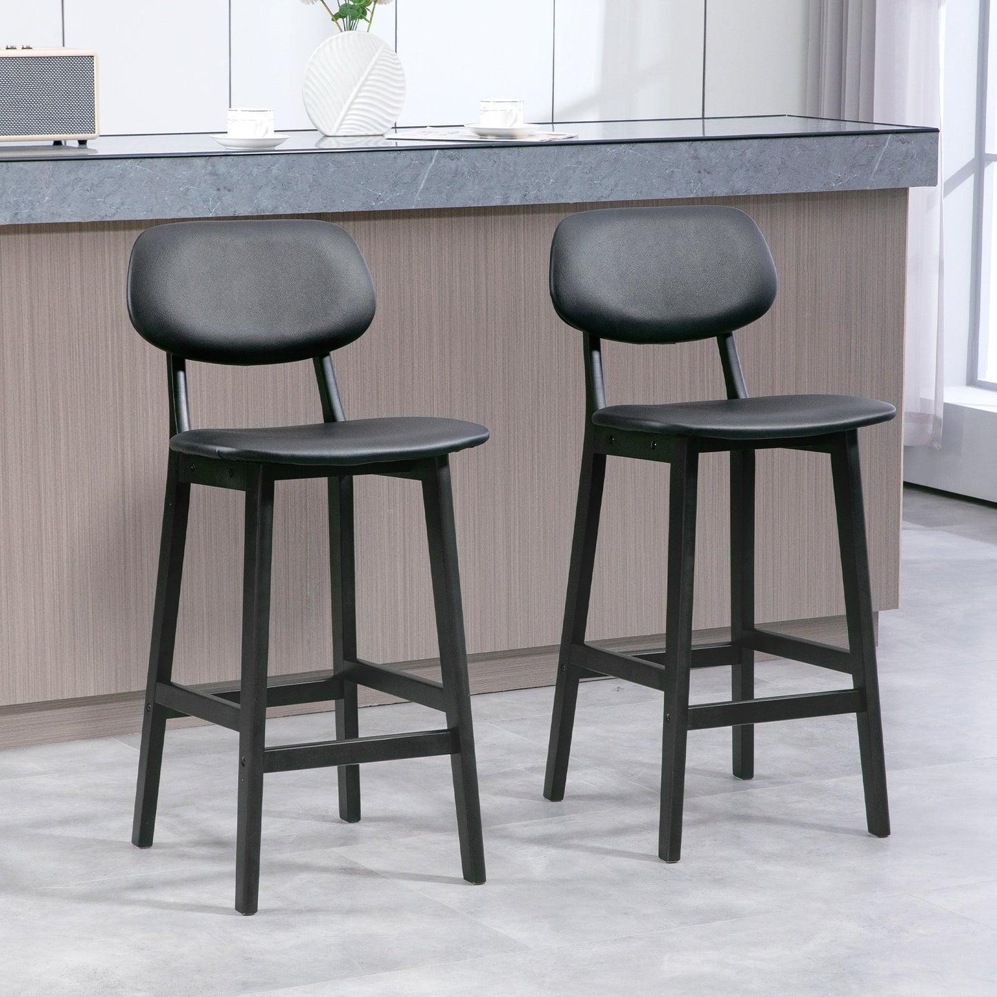 HOMCOM Bar Stools Set of 2, Contemporary Breakfast Bar Chairs, Faux Leather Upholstered Kitchen Stools with Backs and Solid Wood Legs, Black