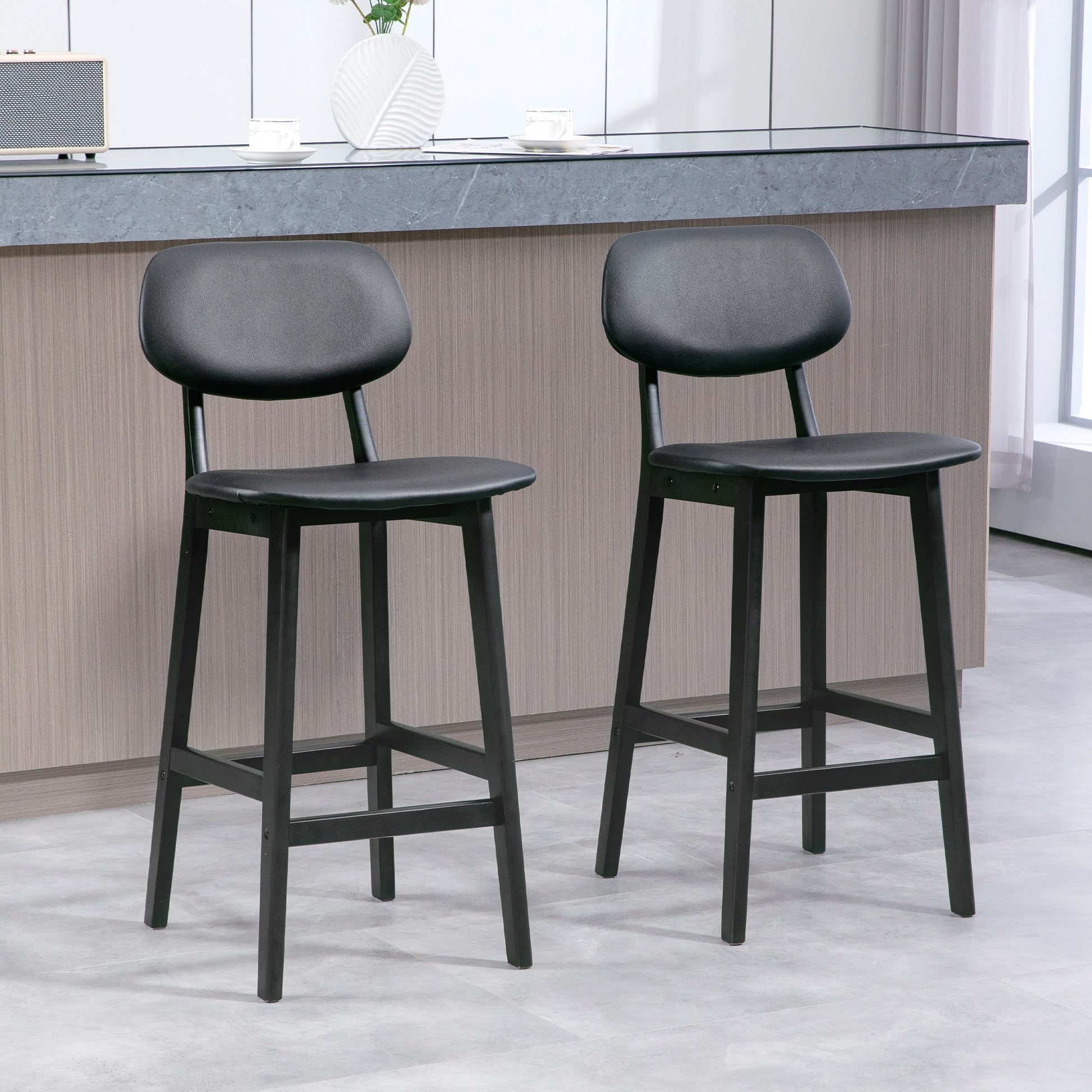 HOMCOM Bar Stools Set of 2, Contemporary Breakfast Bar Chairs, Faux Leather Upholstered Kitchen Stools with Backs and Solid Wood Legs, Black
