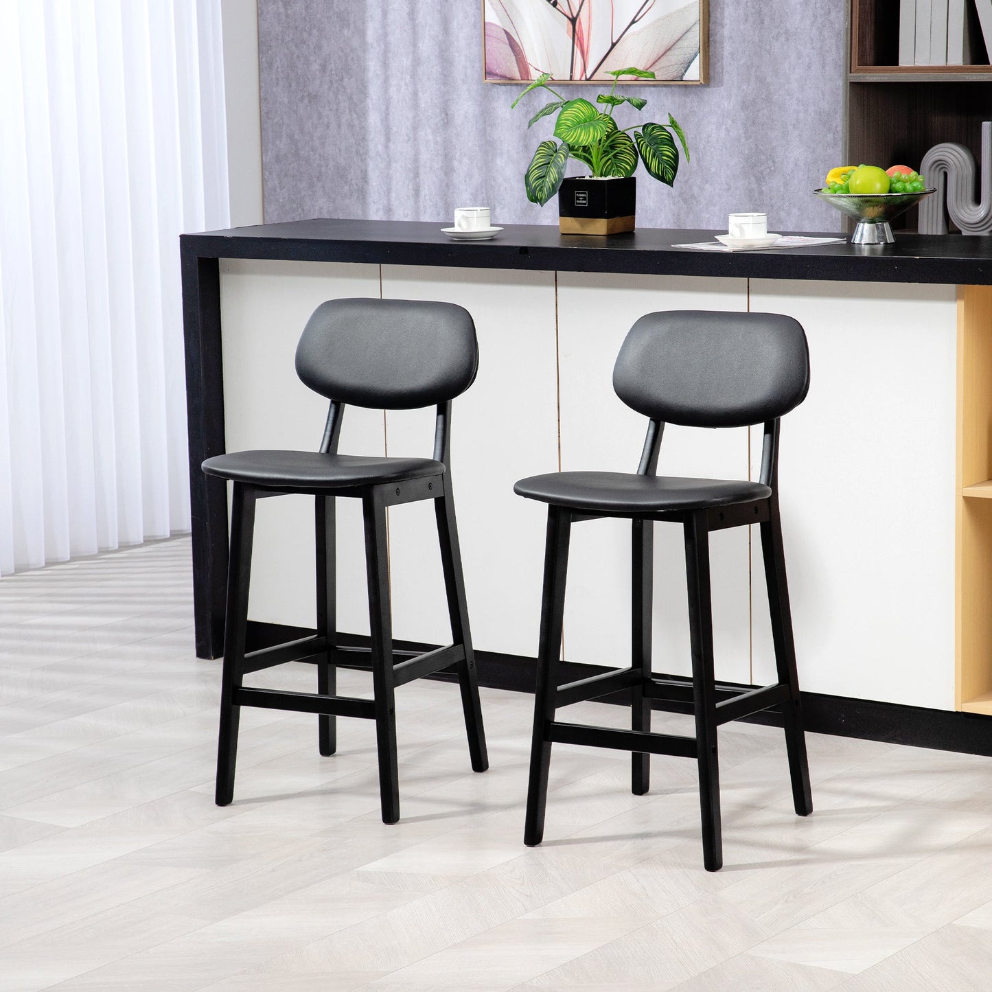 HOMCOM Bar Stools Set of 2, Contemporary Breakfast Bar Chairs, Faux Leather Upholstered Kitchen Stools with Backs and Solid Wood Legs, Black
