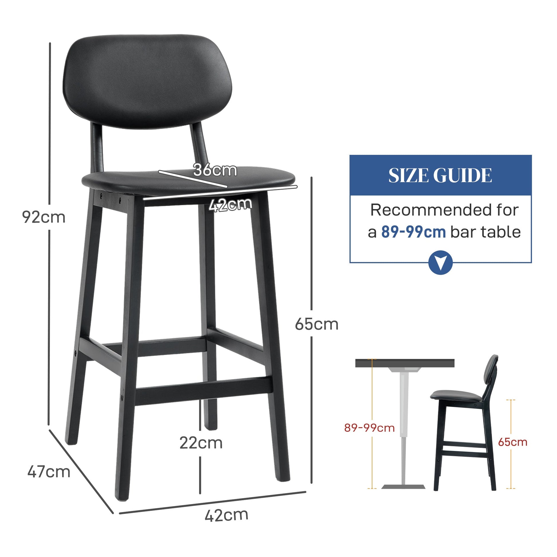 HOMCOM Bar Stools Set of 2, Contemporary Breakfast Bar Chairs, Faux Leather Upholstered Kitchen Stools with Backs and Solid Wood Legs, Black