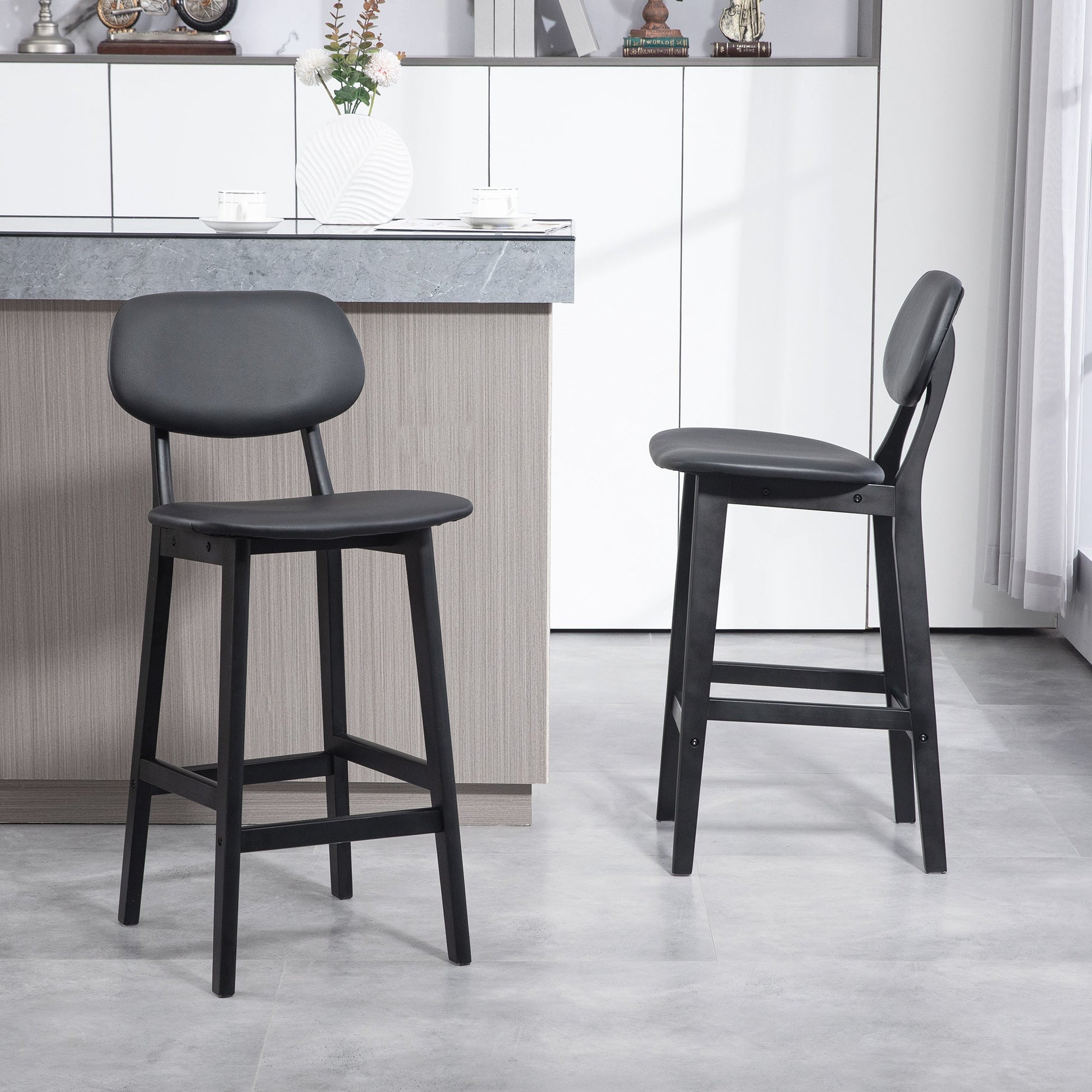 HOMCOM Bar Stools Set of 2, Contemporary Breakfast Bar Chairs, Faux Leather Upholstered Kitchen Stools with Backs and Solid Wood Legs, Black