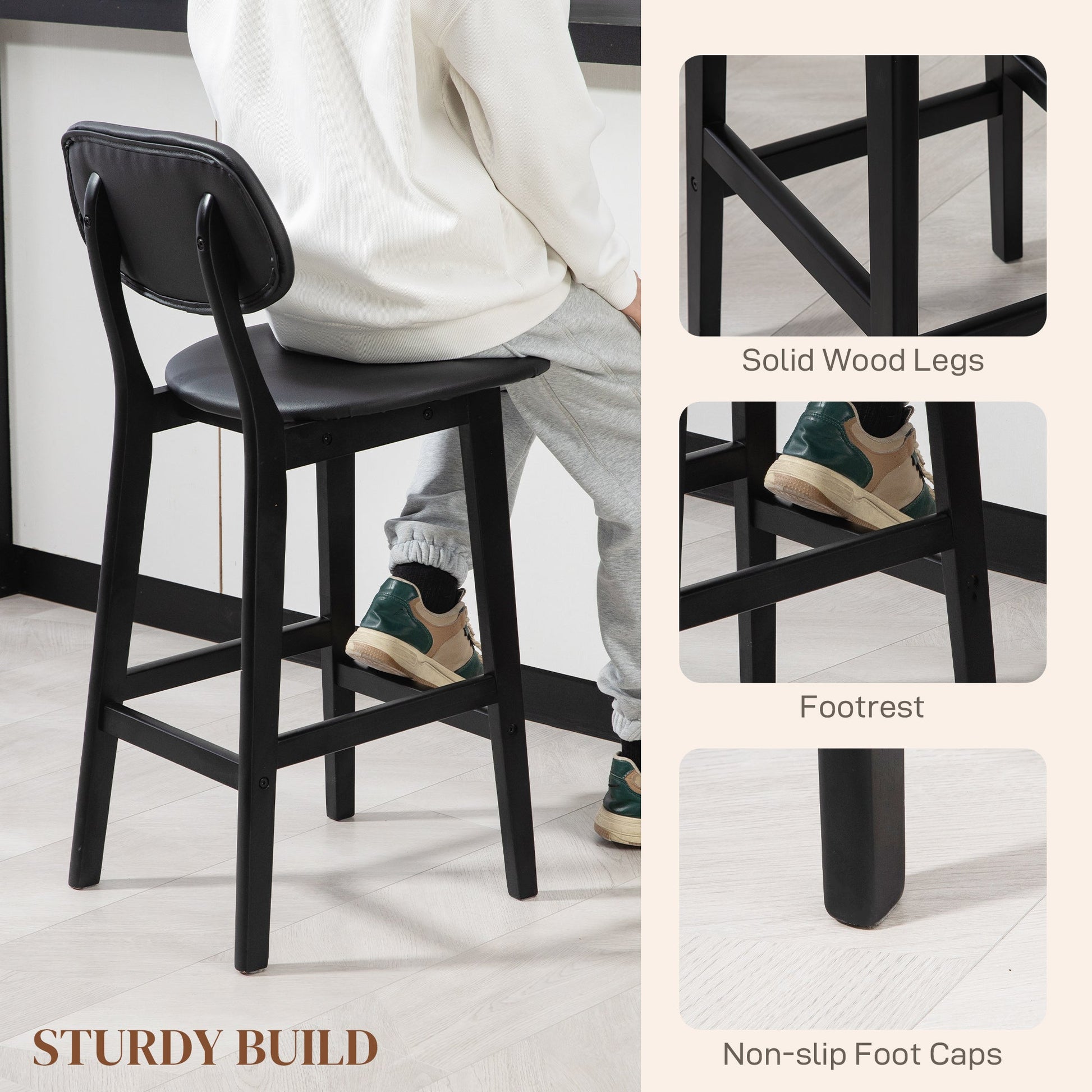 HOMCOM Bar Stools Set of 2, Contemporary Breakfast Bar Chairs, Faux Leather Upholstered Kitchen Stools with Backs and Solid Wood Legs, Black