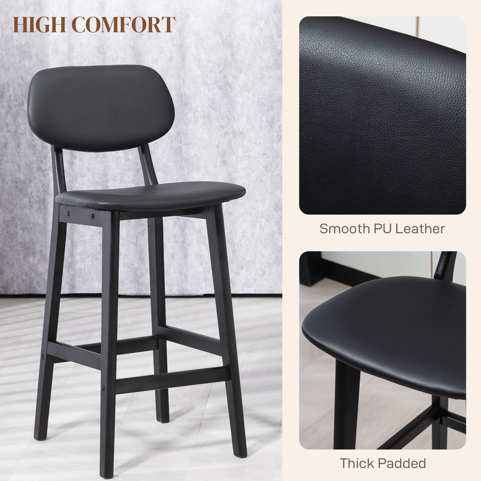 HOMCOM Bar Stools Set of 2, Contemporary Breakfast Bar Chairs, Faux Leather Upholstered Kitchen Stools with Backs and Solid Wood Legs, Black