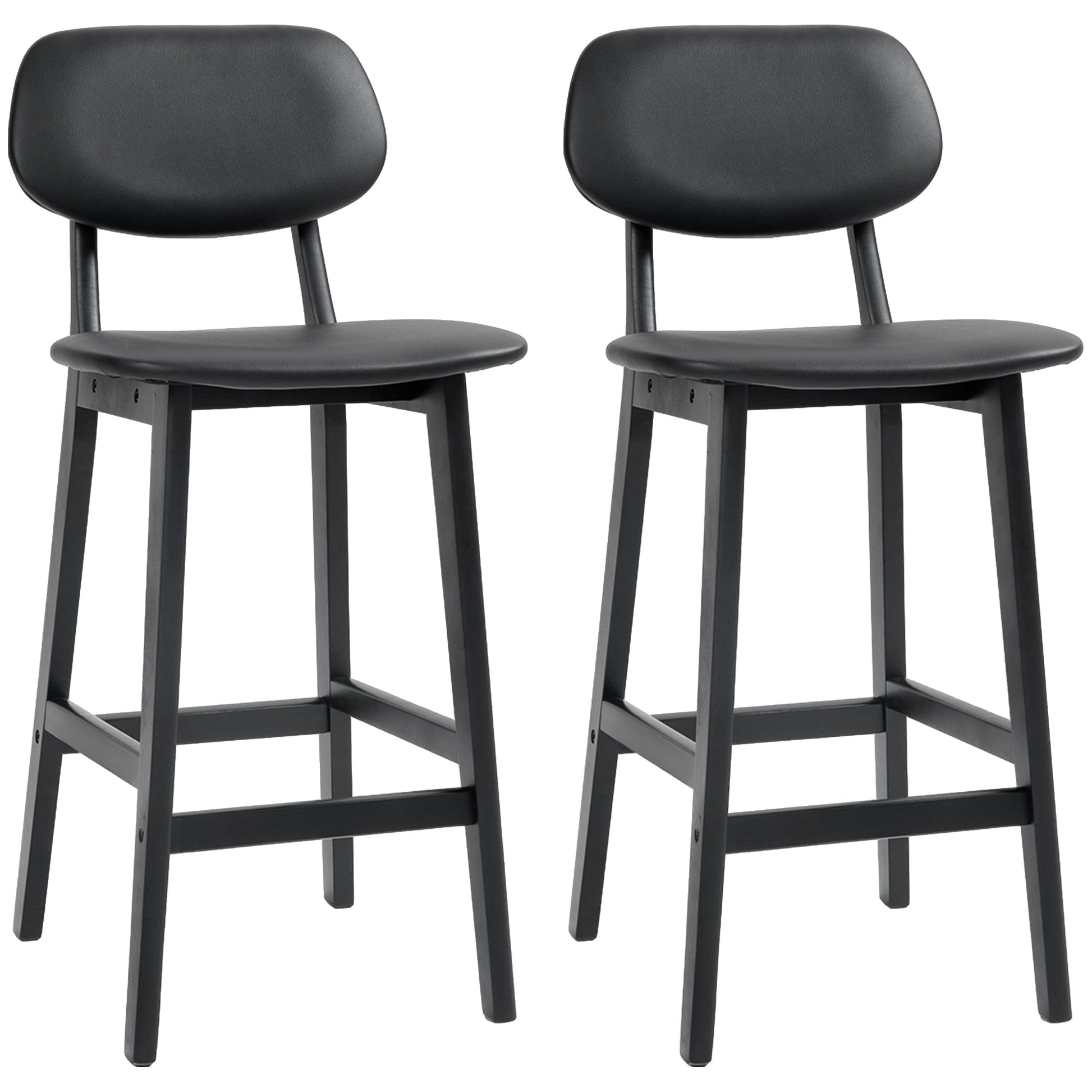 HOMCOM Bar Stools Set of 2, Contemporary Breakfast Bar Chairs, Faux Leather Upholstered Kitchen Stools with Backs and Solid Wood Legs, Black