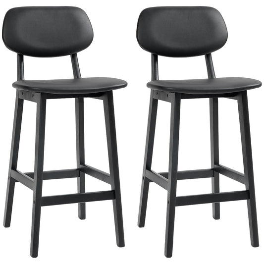 HOMCOM Bar Stools Set of 2, Contemporary Breakfast Bar Chairs, Faux Leather Upholstered Kitchen Stools with Backs and Solid Wood Legs, Black