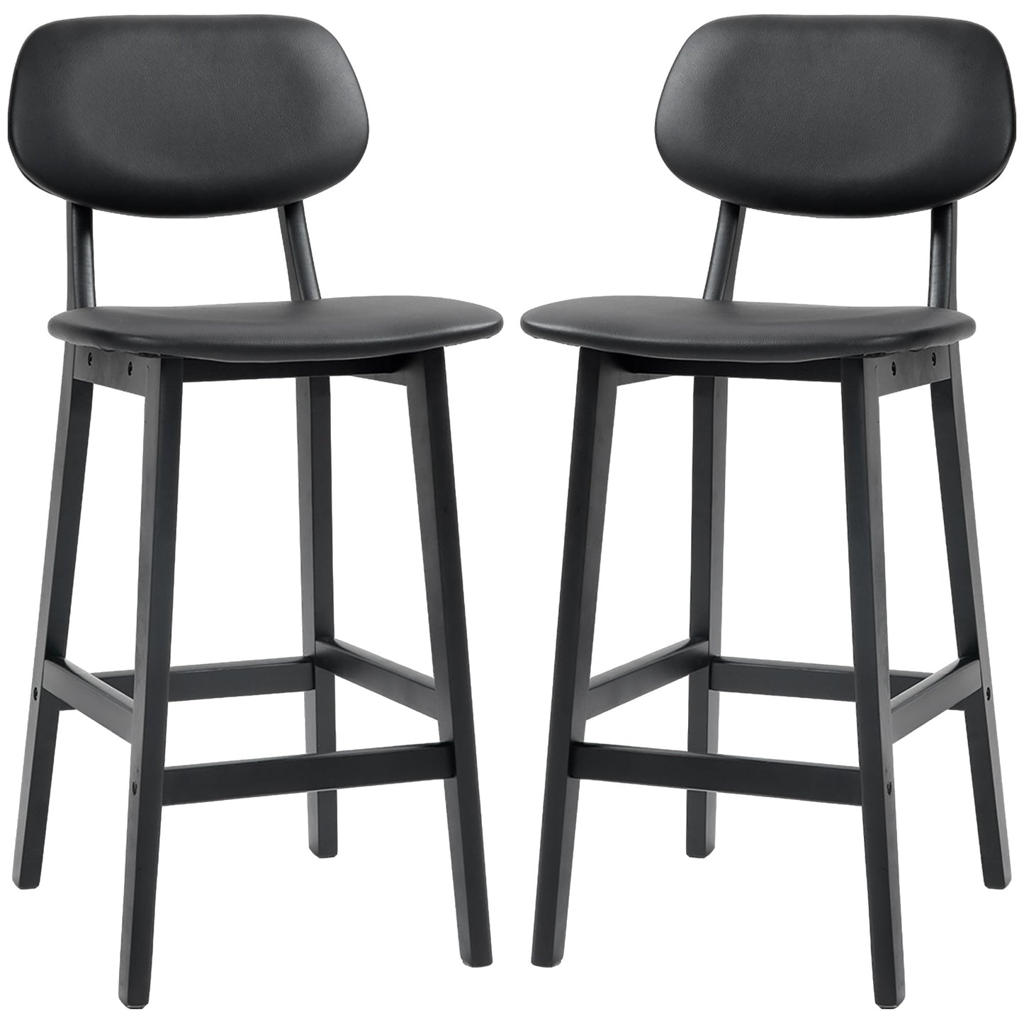 HOMCOM Bar Stools Set of 2, Contemporary Breakfast Bar Chairs, Faux Leather Upholstered Kitchen Stools with Backs and Solid Wood Legs, Black