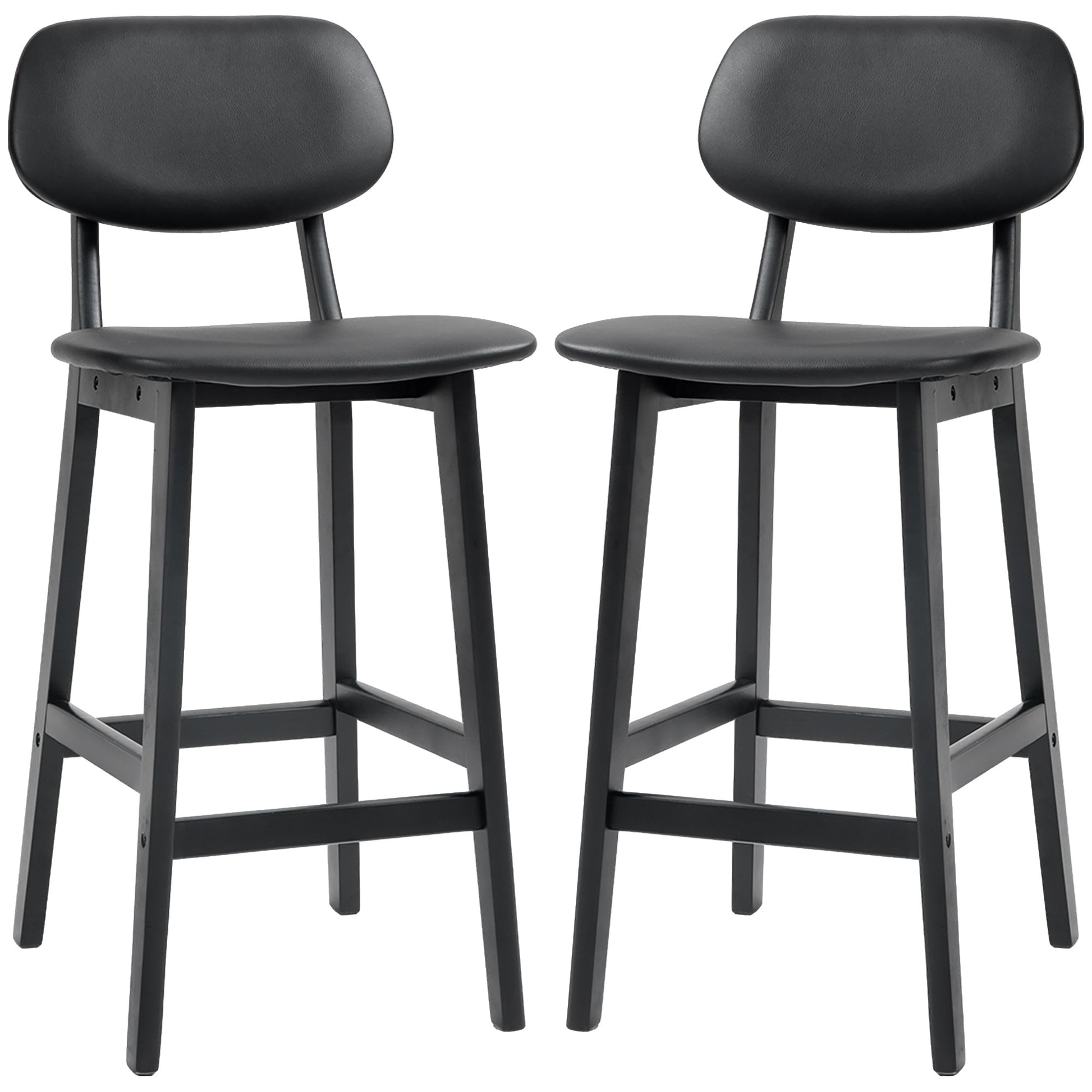 HOMCOM Bar Stools Set of 2, Contemporary Breakfast Bar Chairs, Faux Leather Upholstered Kitchen Stools with Backs and Solid Wood Legs, Black