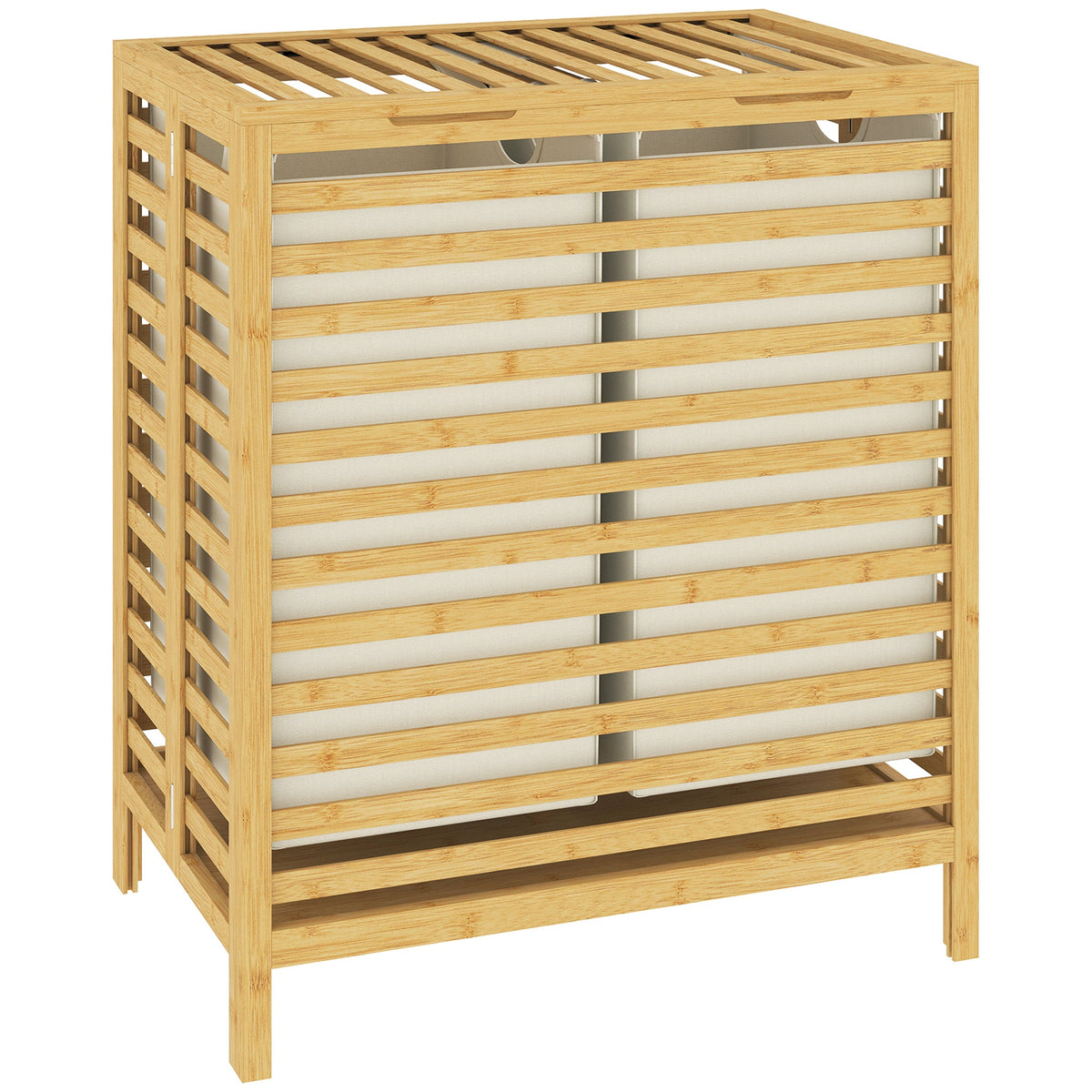 Bamboo Laundry Basket with Lid, 64L Double Laundry Basket with 2 Removable Washable Liners, Folding Laundry Bin Clothes Basket for Bathroom, Bedroom, Natural Bamboo and Cream White