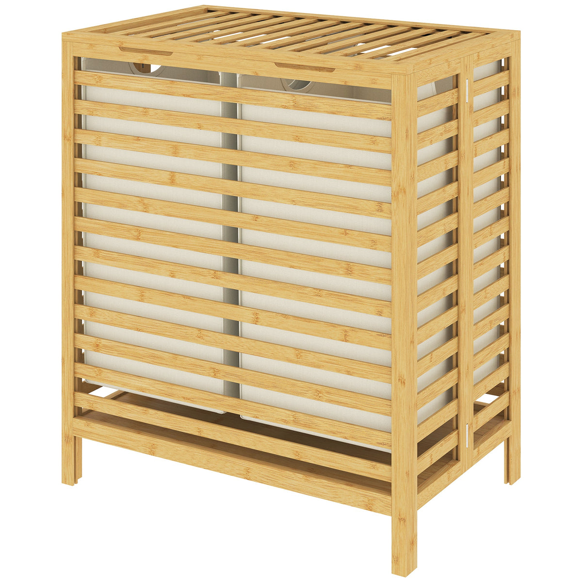Bamboo Laundry Basket with Lid, 64L Double Laundry Basket with 2 Removable Washable Liners, Folding Laundry Bin Clothes Basket for Bathroom, Bedroom, Natural Bamboo and Cream White