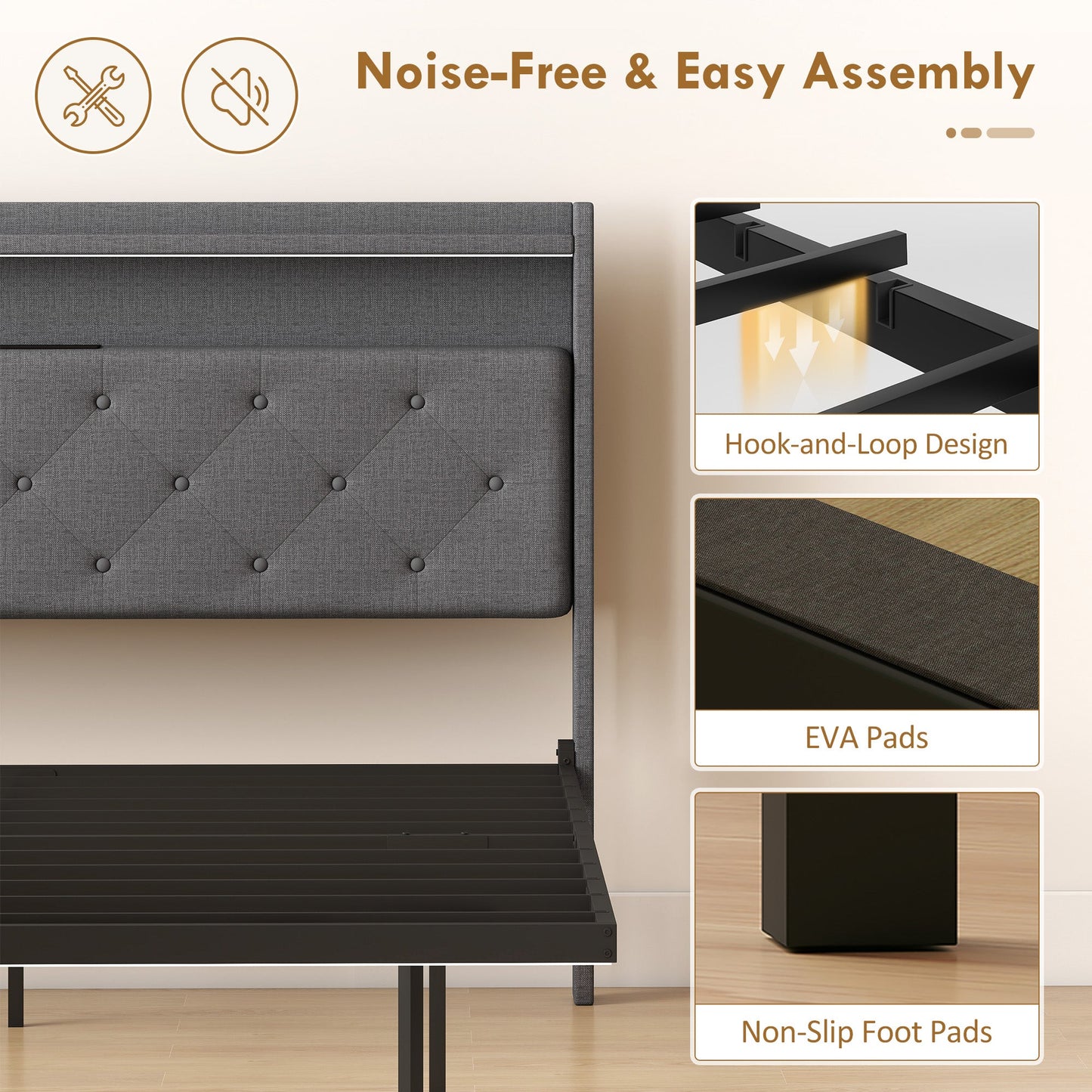 4ft6 Double Bed Frame, Floating Bed Frame with Music Sync RGB LED Lights and Charging Station, Upholstered Headboard with Storage Shelves, No Box Spring Needed, Noise Free, Grey