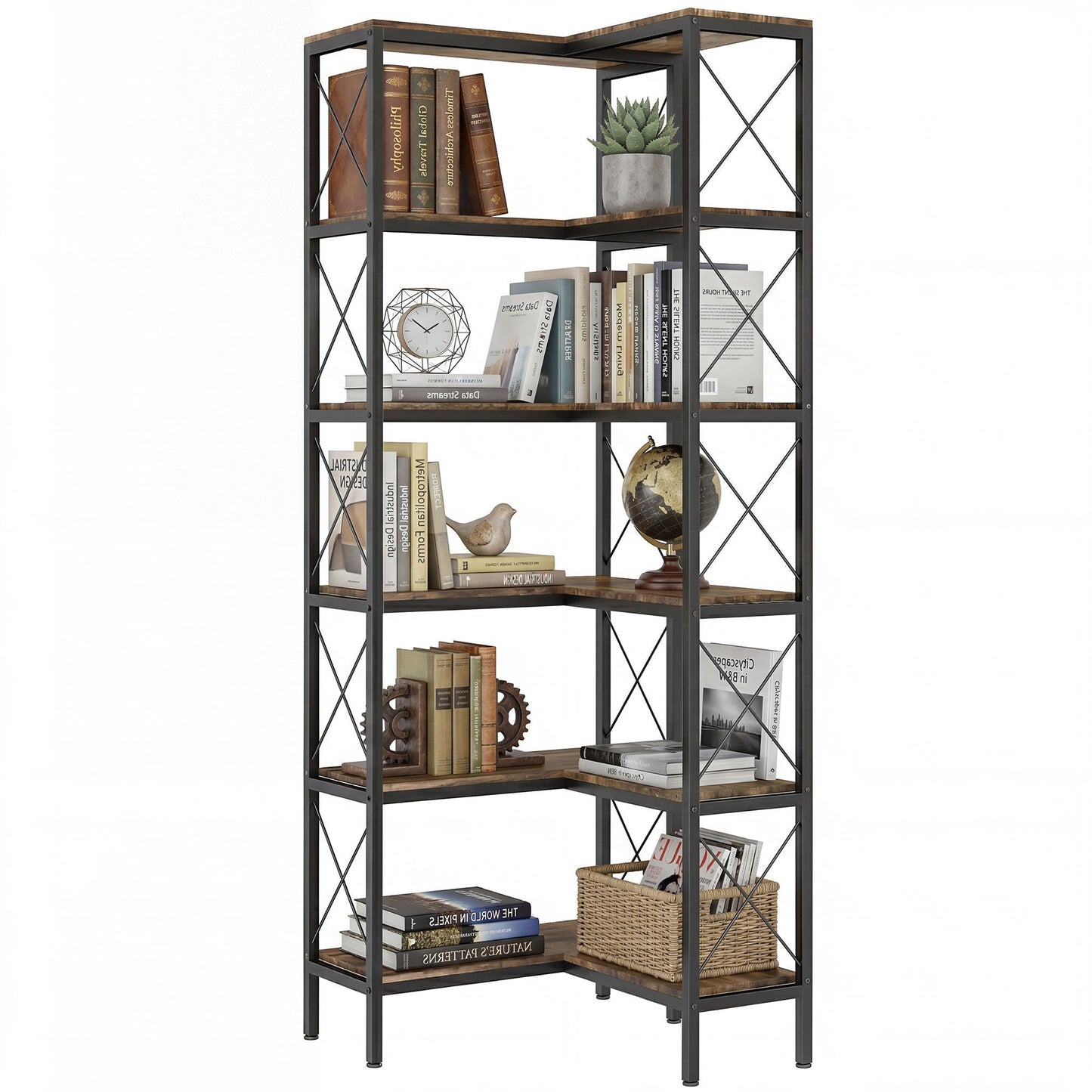 5-Tier Corner Bookshelf, L-Shaped Bookcase, Freestanding Display Shelf with Metal Frame for Living Room, Home Office, Bedroom, 60 x 60 x 167 cm, Rustic Brown