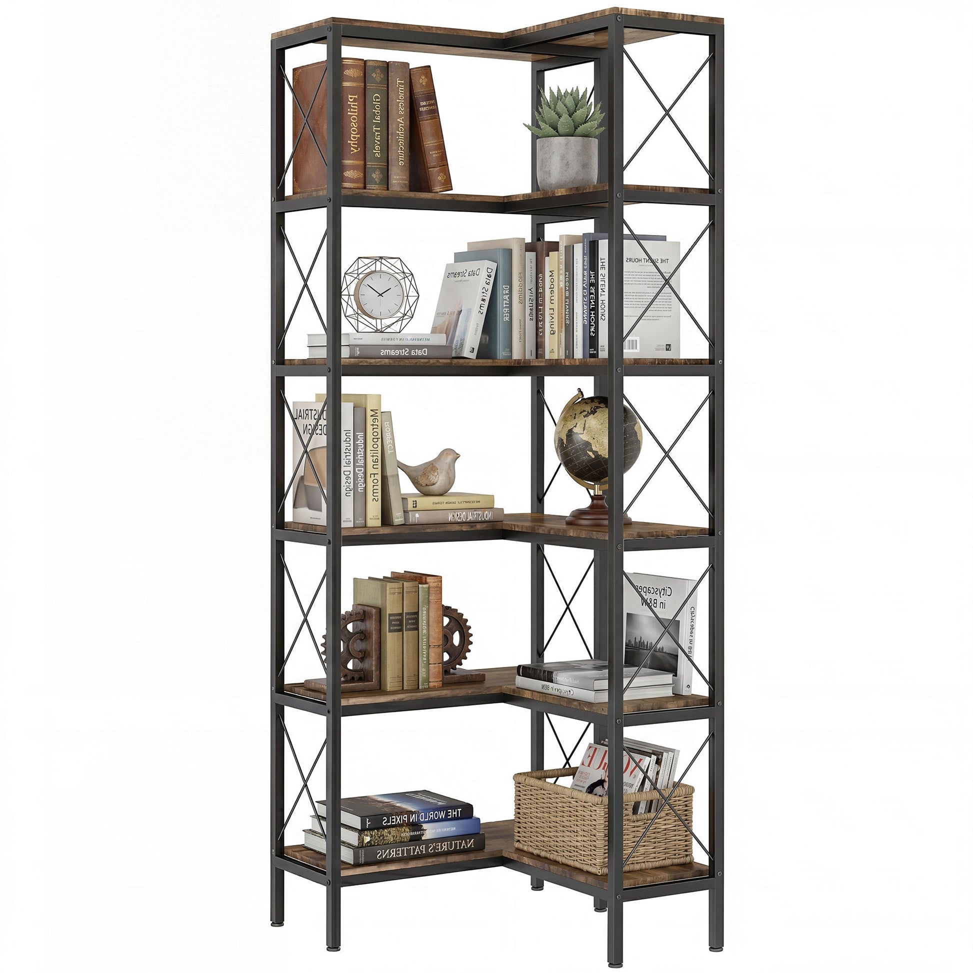 5-Tier Corner Bookshelf, L-Shaped Bookcase, Freestanding Display Shelf with Metal Frame for Living Room, Home Office, Bedroom, 60 x 60 x 167 cm, Rustic Brown