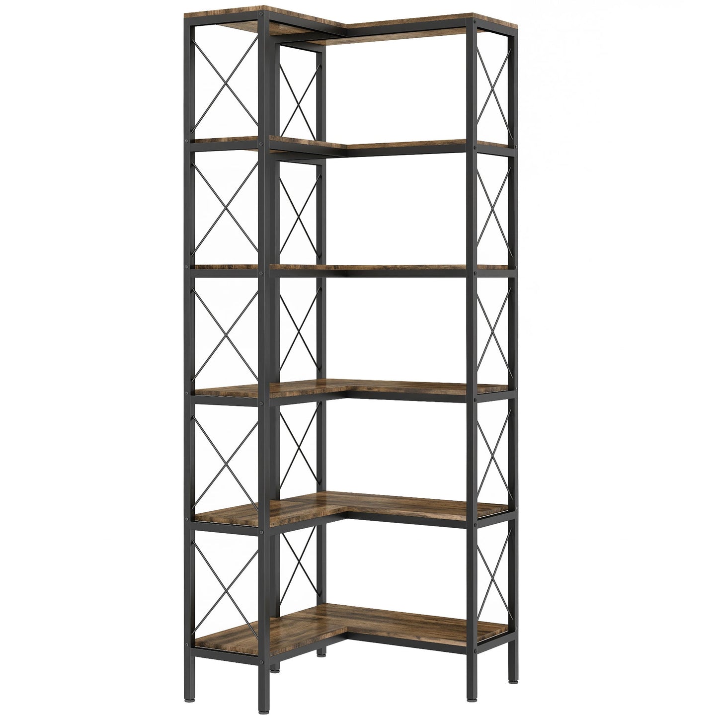 5-Tier Corner Bookshelf, L-Shaped Bookcase, Freestanding Display Shelf with Metal Frame for Living Room, Home Office, Bedroom, 60 x 60 x 167 cm, Rustic Brown
