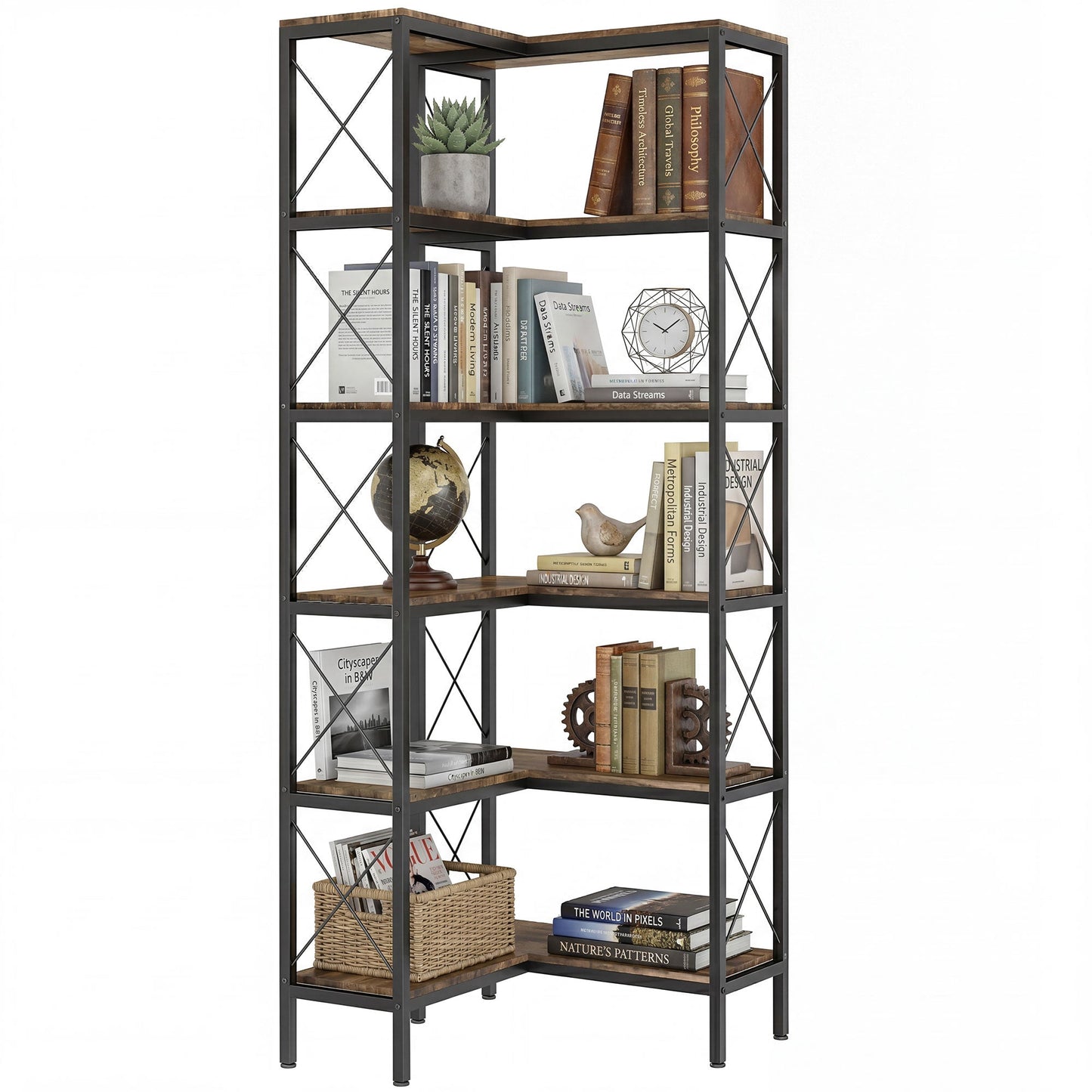 5-Tier Corner Bookshelf, L-Shaped Bookcase, Freestanding Display Shelf with Metal Frame for Living Room, Home Office, Bedroom, 60 x 60 x 167 cm, Rustic Brown