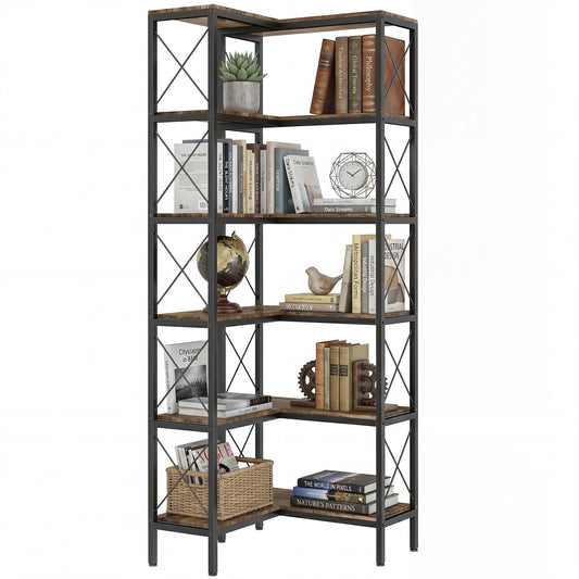 5-Tier Corner Bookshelf, L-Shaped Bookcase, Freestanding Display Shelf with Metal Frame for Living Room, Home Office, Bedroom, 60 x 60 x 167 cm, Rustic Brown