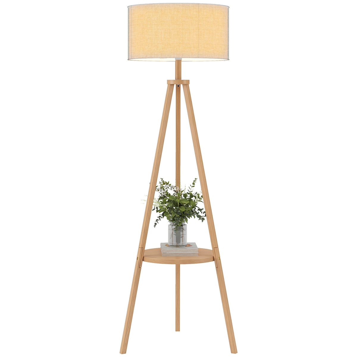 Tripod Floor Lamp, Freestanding Bedside Reading Light with Storage Shelf and Linen-Look Shade for Living Room and Bedroom, 160 cm, Natural Wood Colour