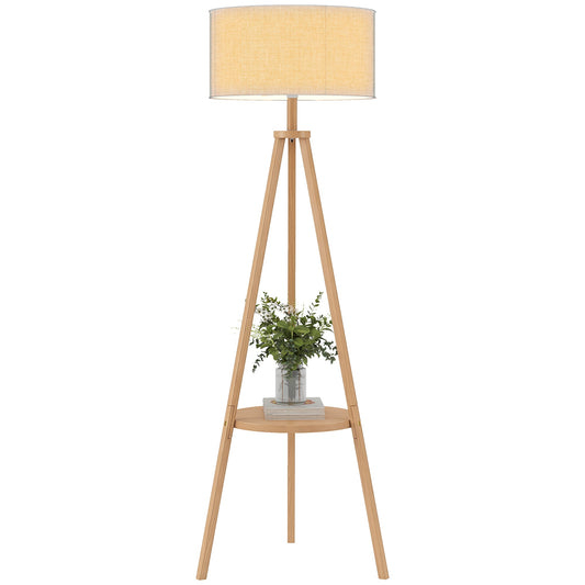 Tripod Floor Lamp, Freestanding Bedside Reading Light with Storage Shelf and Linen-Look Shade for Living Room and Bedroom, 160 cm, Natural Wood Colour