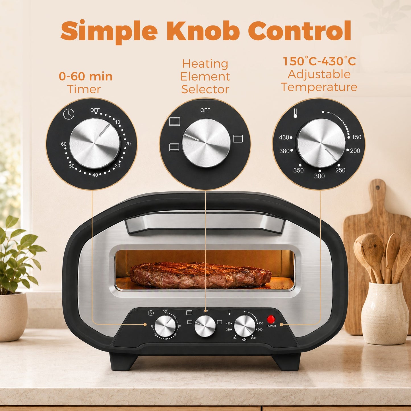 Pizza Oven Indoor, 12 Inch Electric Countertop Pizza Maker with 3 Knob Control, 430°C, 60-Min Timer, Ceramic Stone, Viewing Window, 2200W