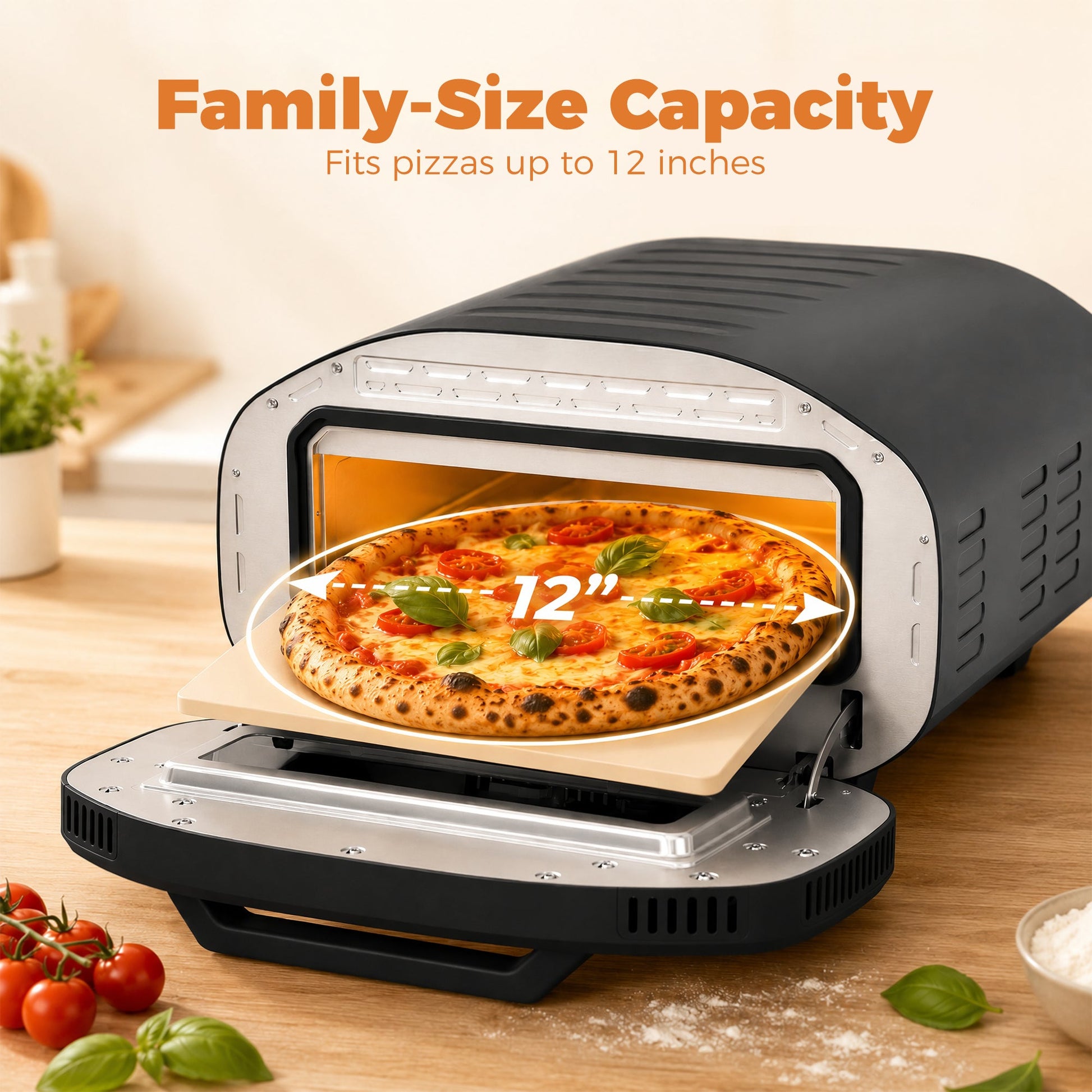 Pizza Oven Indoor, 12 Inch Electric Countertop Pizza Maker with 3 Knob Control, 430°C, 60-Min Timer, Ceramic Stone, Viewing Window, 2200W