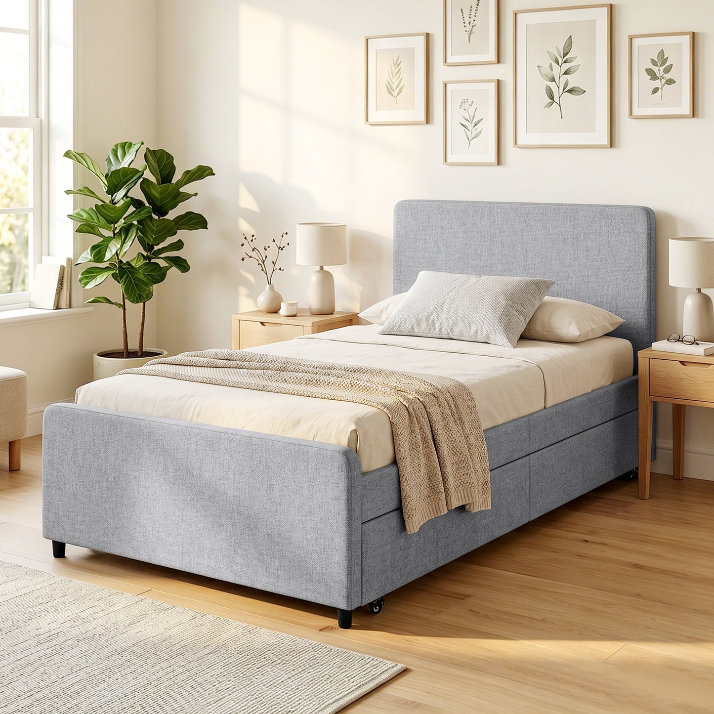 3ft Single Bed Frame with Trundle, Upholstered Pull Out Trundle Bed with Headboard and Footboard for Adults & Teenagers, 90 x 190 cm, No Mattress, Light Grey