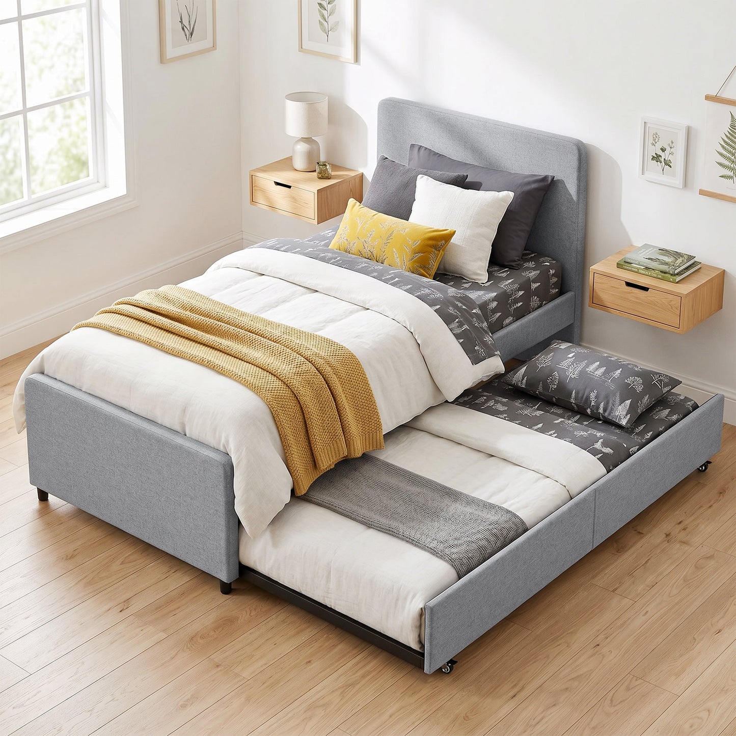 3ft Single Bed Frame with Trundle, Upholstered Pull Out Trundle Bed with Headboard and Footboard for Adults & Teenagers, 90 x 190 cm, No Mattress, Light Grey