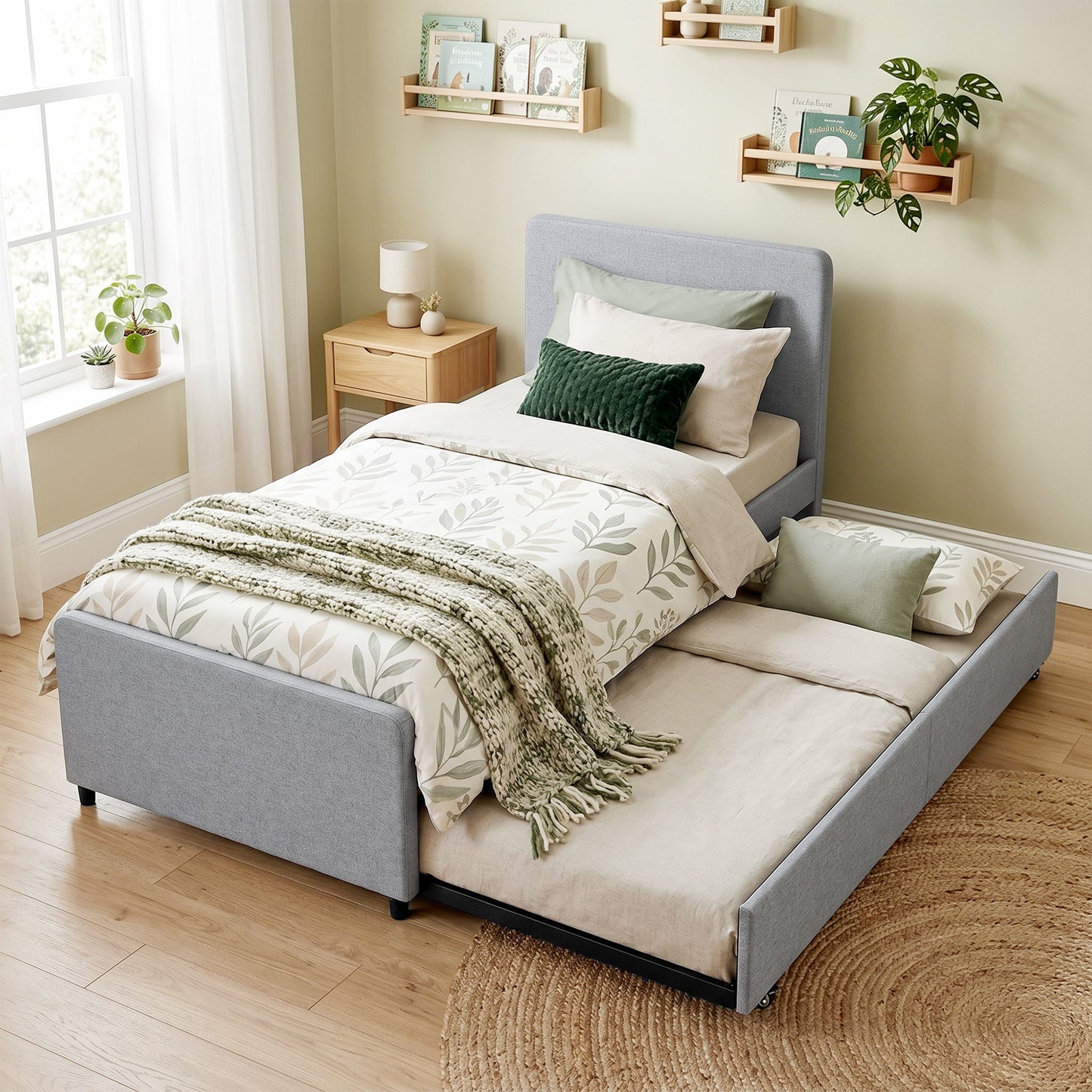 3ft Single Bed Frame with Trundle, Upholstered Pull Out Trundle Bed with Headboard and Footboard for Adults & Teenagers, 90 x 190 cm, No Mattress, Light Grey