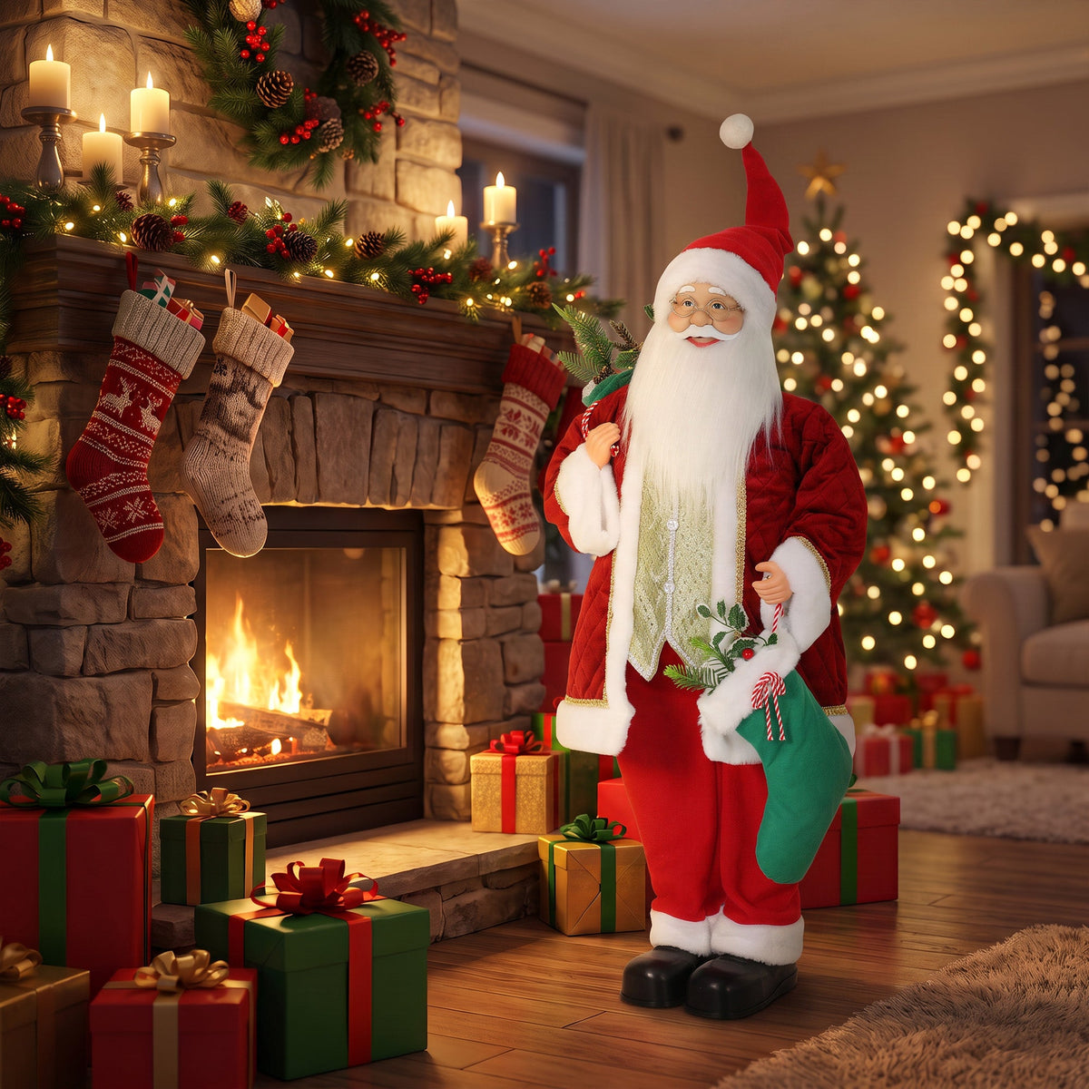 4ft Life Size Singing Dancing Santa Claus, 120 cm Standing Musical Animated Santa with Stocking, Sack, Posable Arms, Handcrafted, Sound Touch Activated, Moving Christmas Figure Decor
