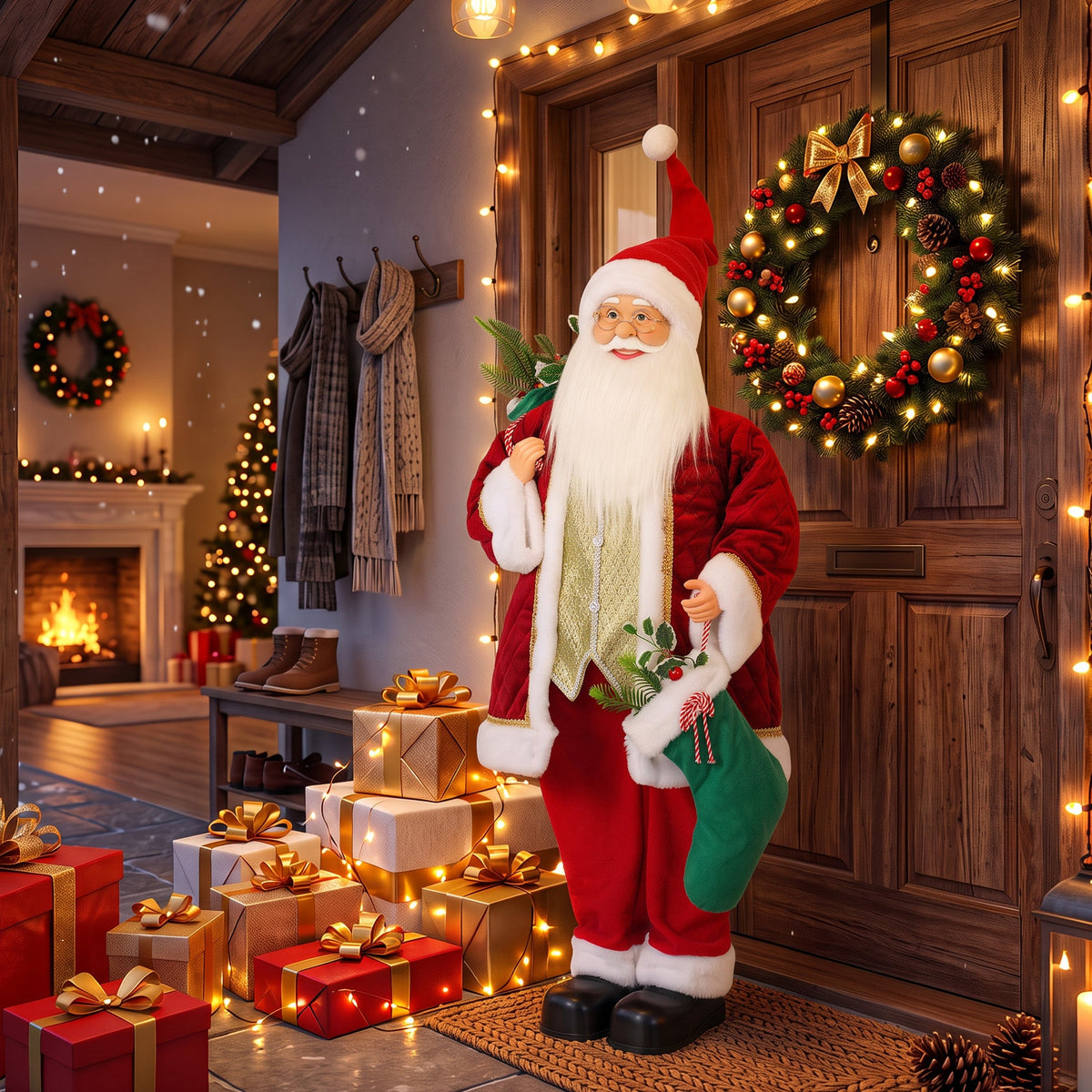 4ft Life Size Singing Dancing Santa Claus, 120 cm Standing Musical Animated Santa with Stocking, Sack, Posable Arms, Handcrafted, Sound Touch Activated, Moving Christmas Figure Decor