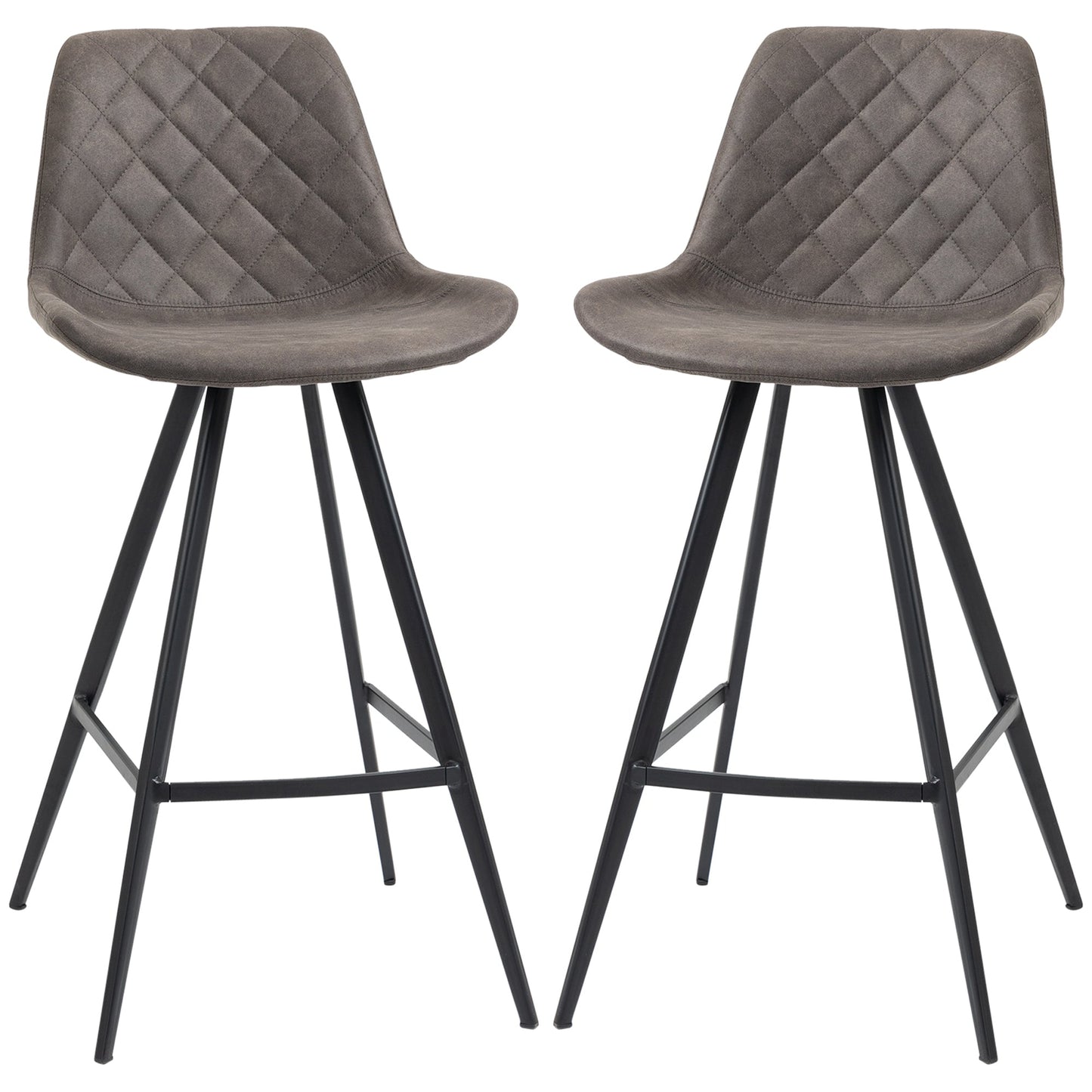 HOMCOM Set Of 2 Bar Stools Vintage Microfiber Cloth Tub Seats Padded Comfortable Steel Frame Footrest Quilted Home Bar Cafe Kitchen Chair Stylish Dark Grey