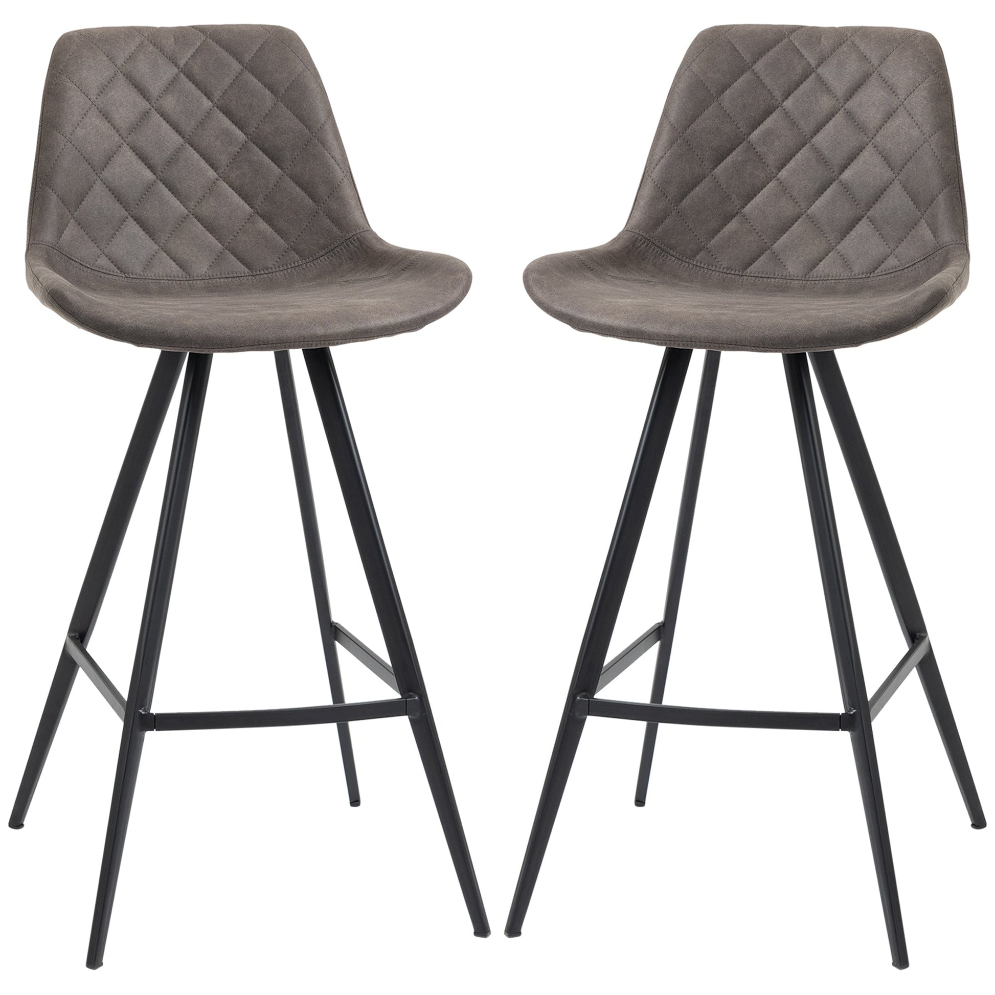 HOMCOM Set Of 2 Bar Stools Vintage Microfiber Cloth Tub Seats Padded Comfortable Steel Frame Footrest Quilted Home Bar Cafe Kitchen Chair Stylish Dark Grey