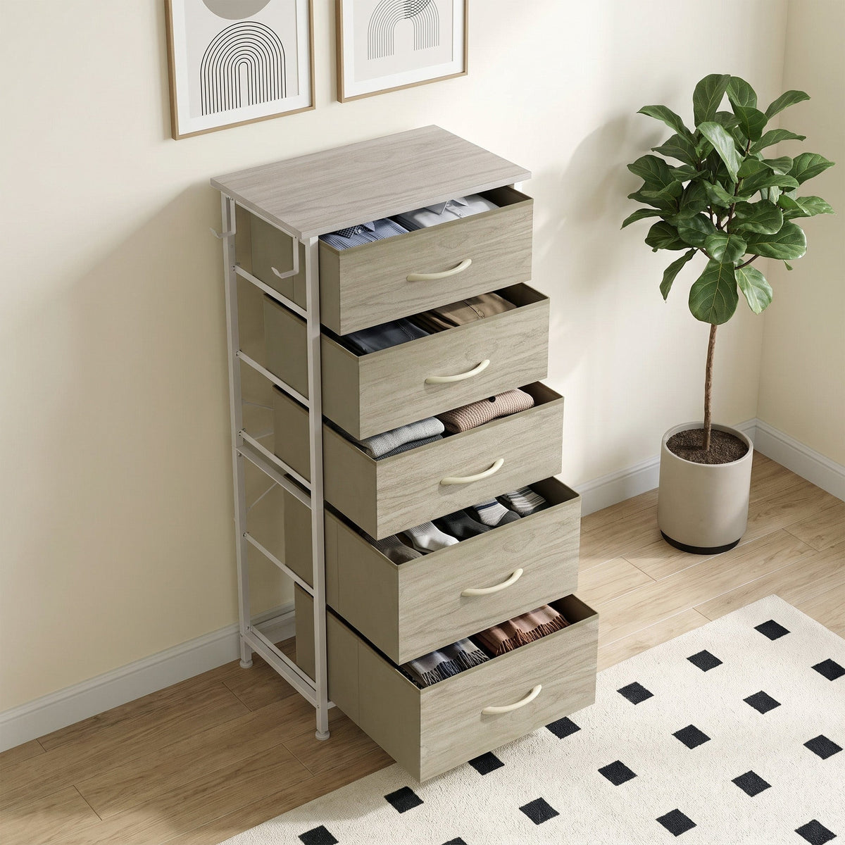 Chest of Drawers, Dresser for Bedroom with 5 Fabric Drawers, Tall Storage Unit with 4 Pockets, 2 Hooks and Steel Frame for Living Room, Hallway, Natural Wood Finish