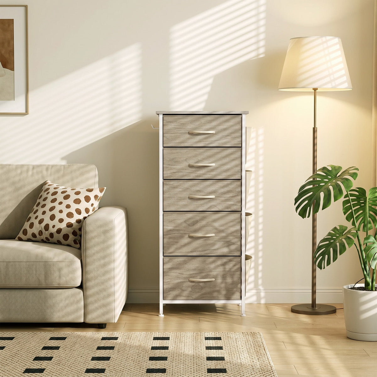Chest of Drawers, Dresser for Bedroom with 5 Fabric Drawers, Tall Storage Unit with 4 Pockets, 2 Hooks and Steel Frame for Living Room, Hallway, Natural Wood Finish