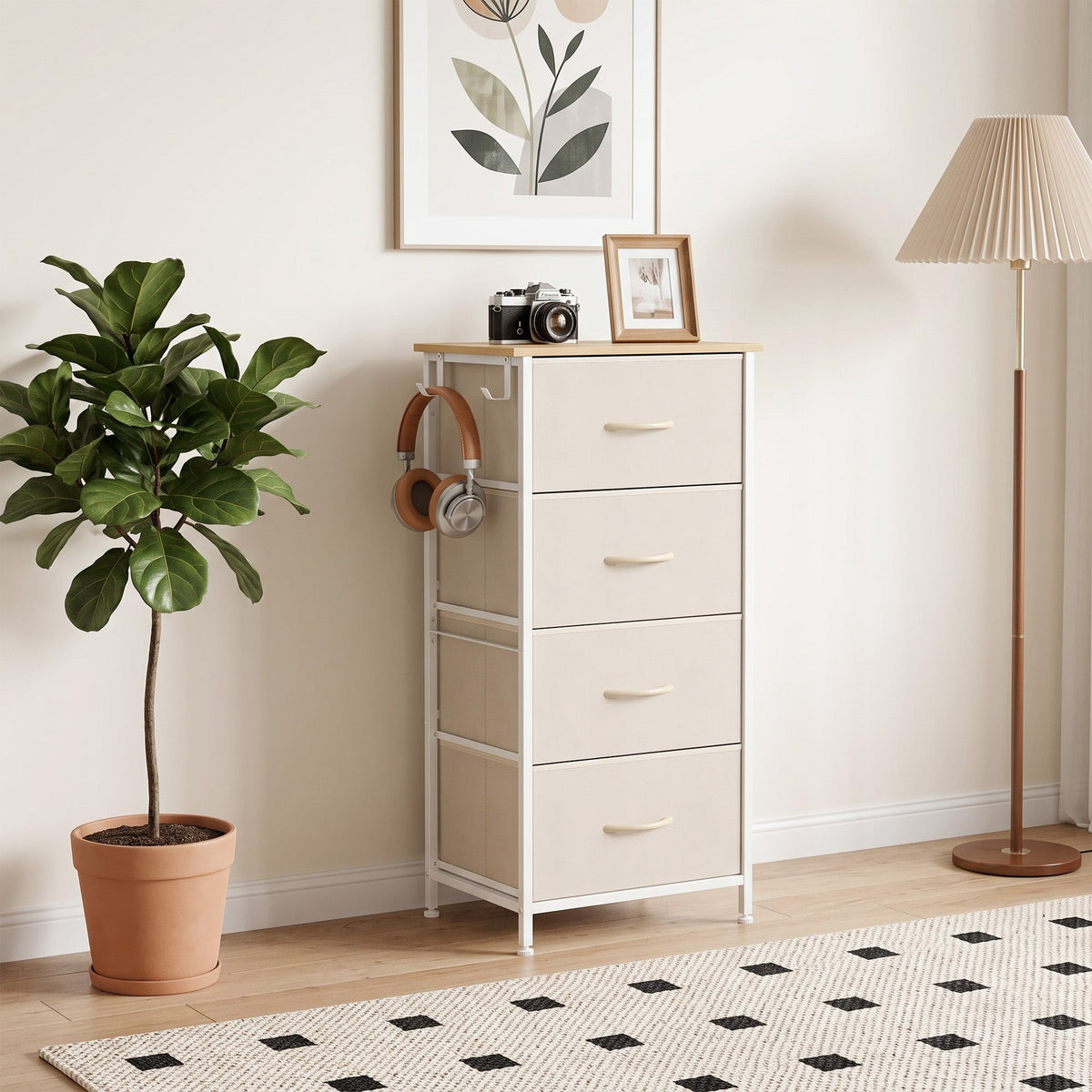 Chest of Drawers, Dresser for Bedroom with 4 Fabric Drawers, Tall Storage Unit with 4 Pockets, 2 Hooks and Steel Frame for Living Room, Hallway, Beige