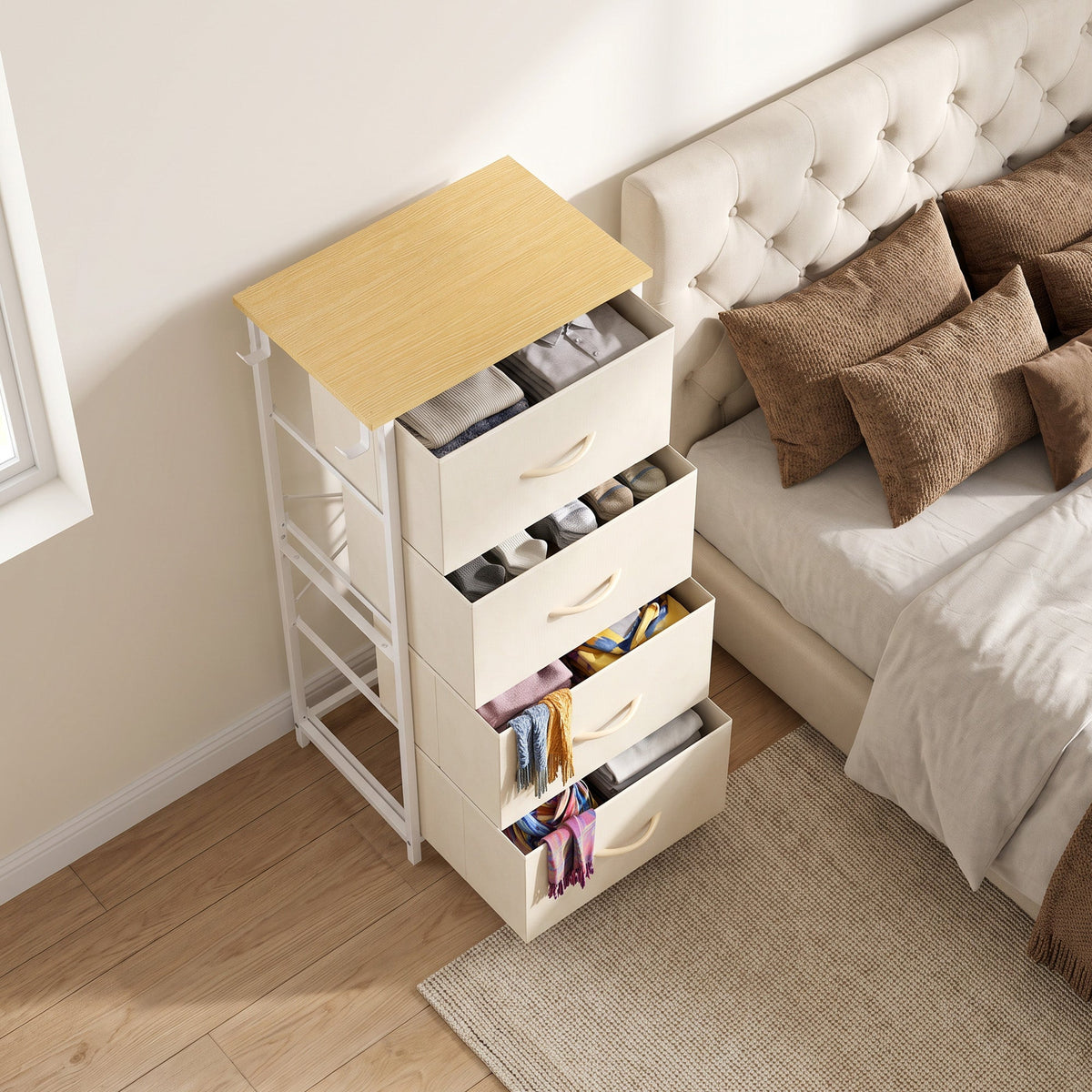 Chest of Drawers, Dresser for Bedroom with 4 Fabric Drawers, Tall Storage Unit with 4 Pockets, 2 Hooks and Steel Frame for Living Room, Hallway, Beige