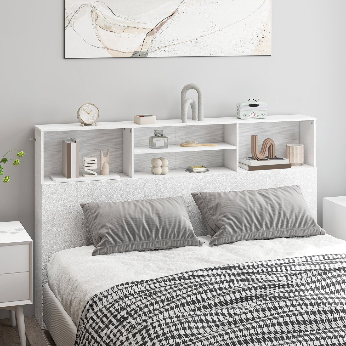 5ft King Size Headboard with Storage, Freestanding Bed Headboard with 4 Open Compartments for Bedroom, 160 x 20.2 x 108.2 cm, White