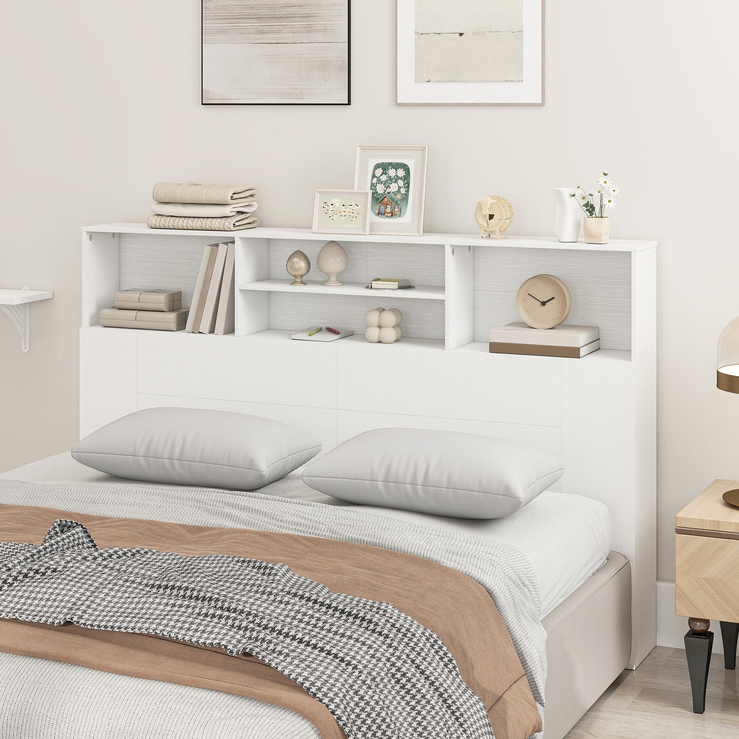 5ft King Size Headboard with Storage, Freestanding Bed Headboard with 4 Open Compartments for Bedroom, 160 x 20.2 x 108.2 cm, White