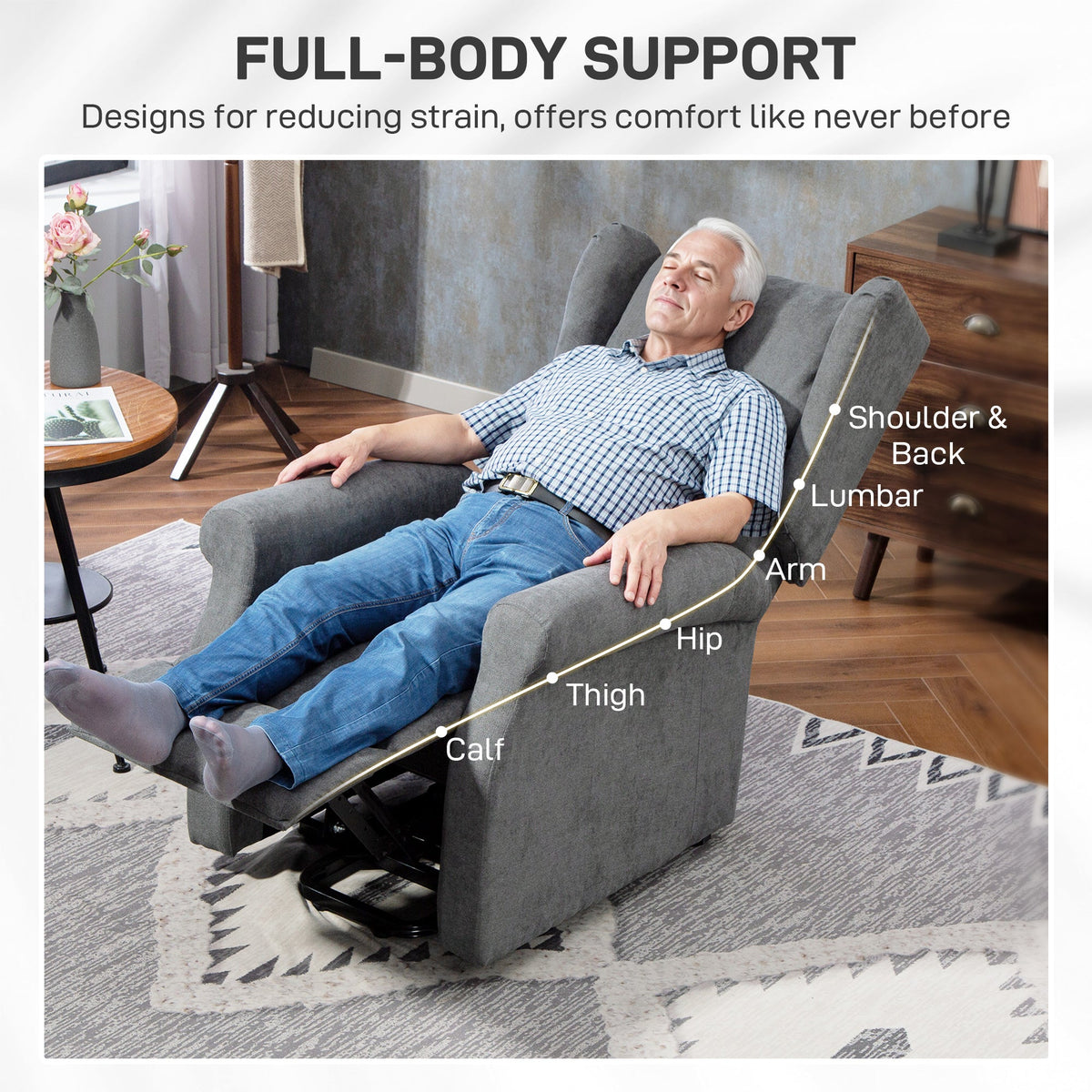 Power Lift Recliner Armchair, Electric Lift Chair for Elderly, Fabric Riser and Reclining Chair with Remote Control, Side Pockets, Extended Footrest, for Living Room, Charcoal Grey