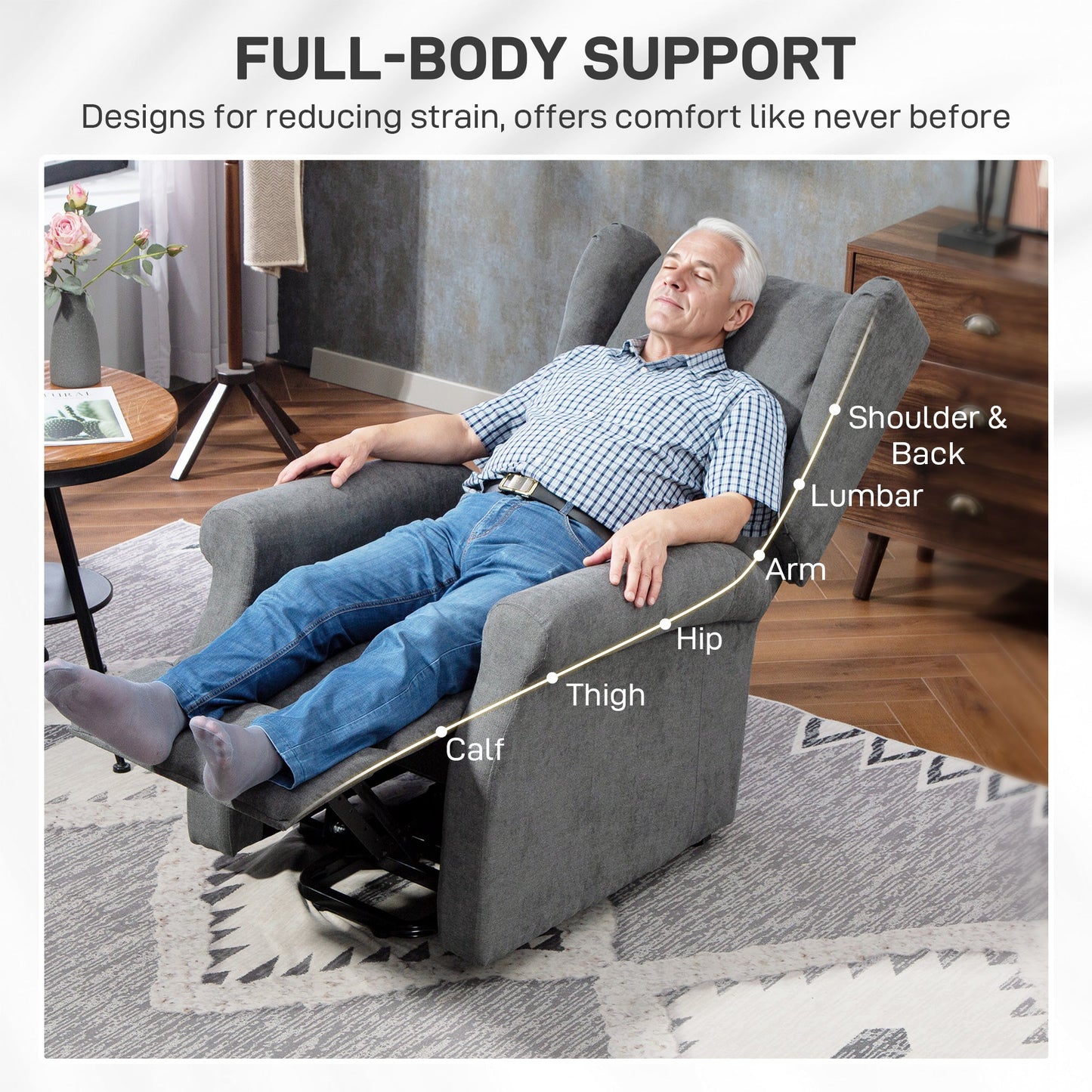 Power Lift Recliner Armchair, Electric Lift Chair for Elderly, Fabric Riser and Reclining Chair with Remote Control, Side Pockets, Extended Footrest, for Living Room, Charcoal Grey