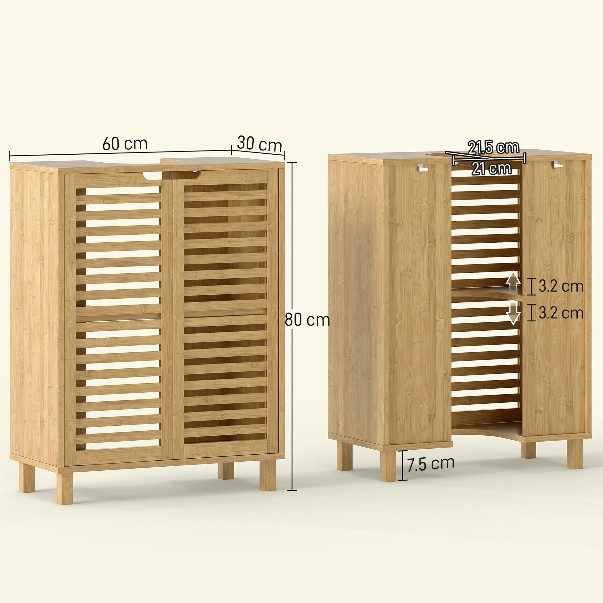 Under Sink Bathroom Cabinet, Freestanding Bamboo Under Sink Cabinet with Louvered Doors and Adjustable Shelf for Basin without or with Pedestal, Natural