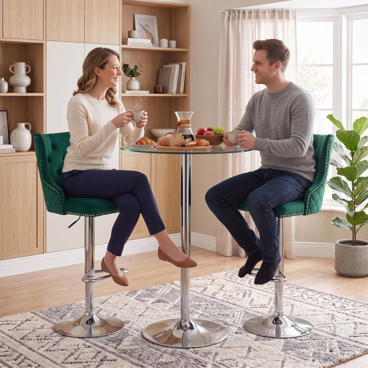 Bar Stools Set of 2, Modern Swivel & Adjustable Velvet Barstools with Button-Tufted Back, Footrest, Nailhead Trim for Home Bar, Green