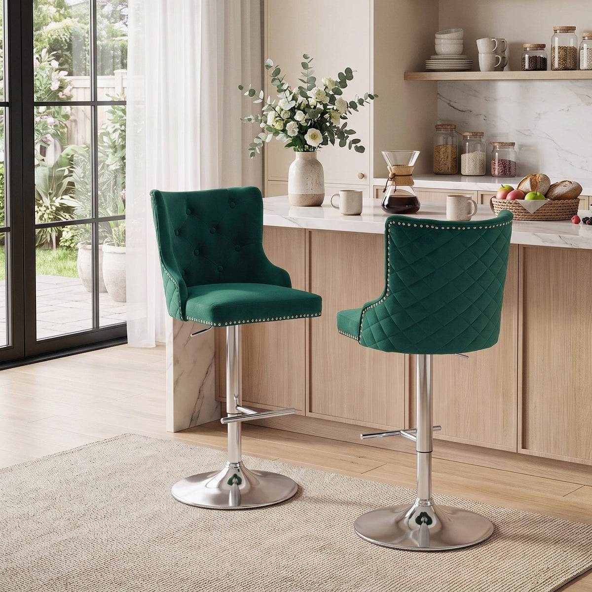 Bar Stools Set of 2, Modern Swivel & Adjustable Velvet Barstools with Button-Tufted Back, Footrest, Nailhead Trim for Home Bar, Green