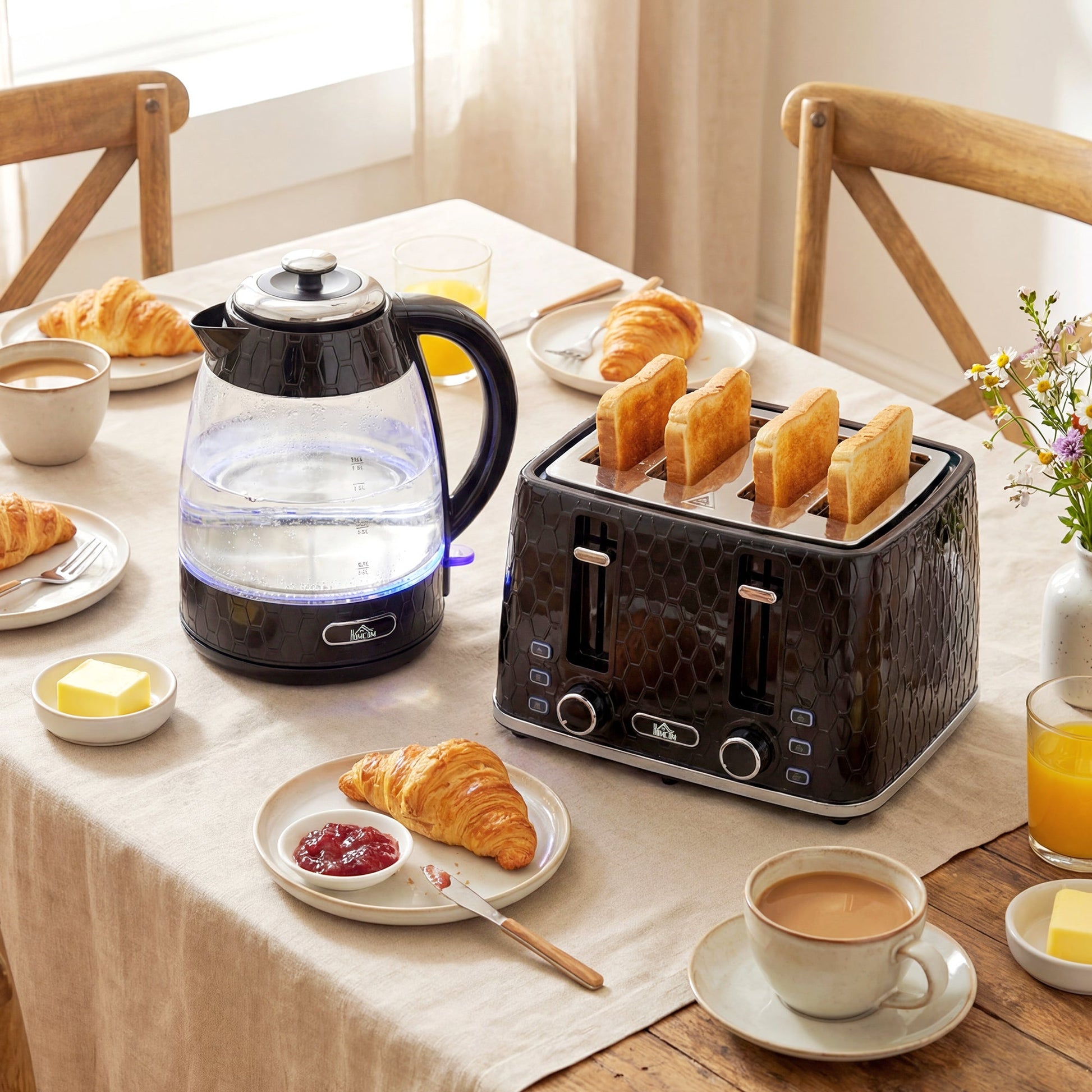 Kettle and Toaster Set, 1.7L 3000W Rapid Boil Jug Kettle with Strix Thermostat, Limescale Filter, 4 Slice Toaster with 7 Browning Controls, Crumb Tray, Black