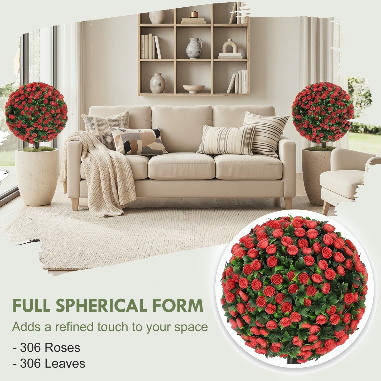 Set of 2 55 cm Artificial Rose Topiary with Ground Stake, UV-Resistant Fake Plants with 306 Roses and Leaves for Indoor Outdoor Home Office Garden Decor, Red