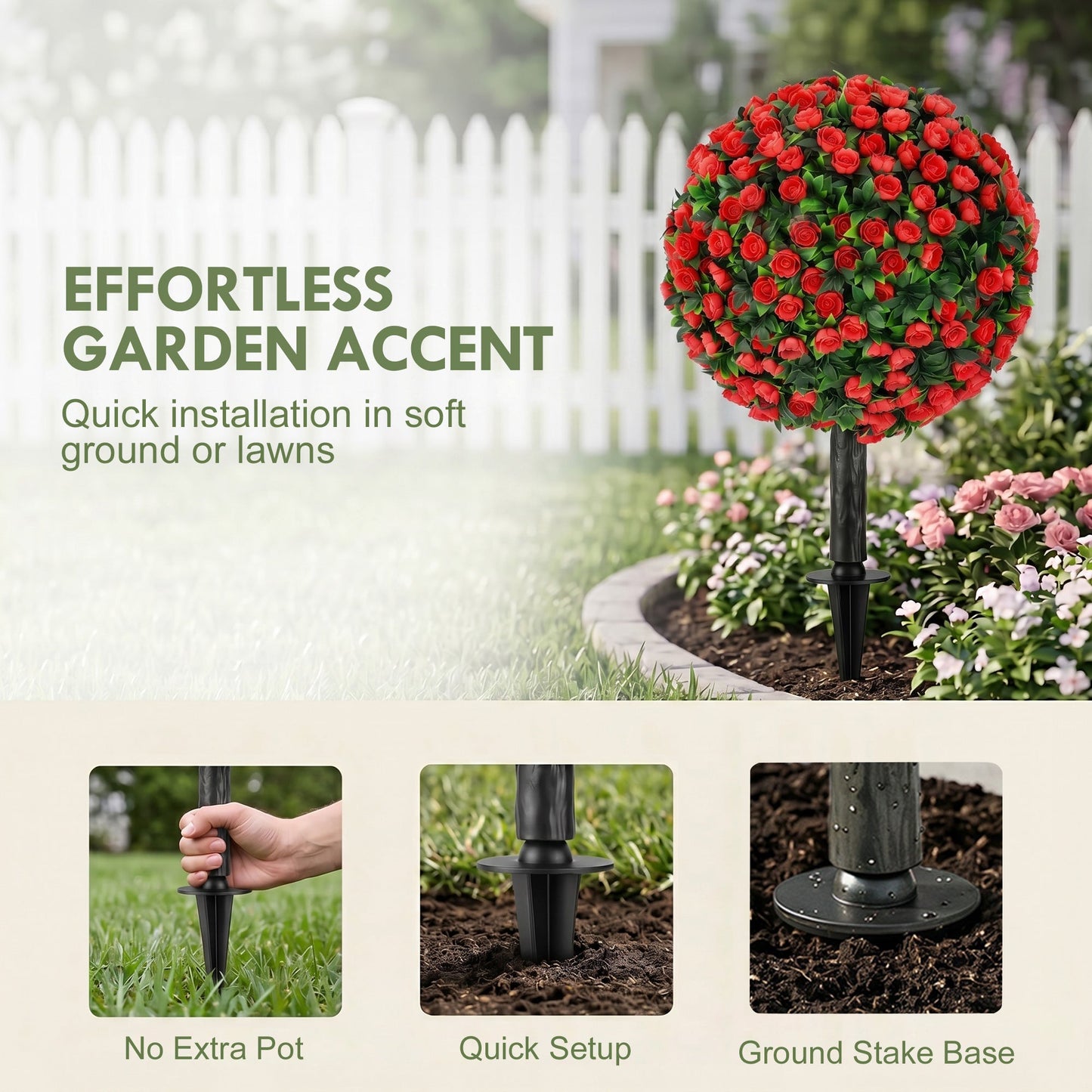Set of 2 55 cm Artificial Rose Topiary with Ground Stake, UV-Resistant Fake Plants with 306 Roses and Leaves for Indoor Outdoor Home Office Garden Decor, Red